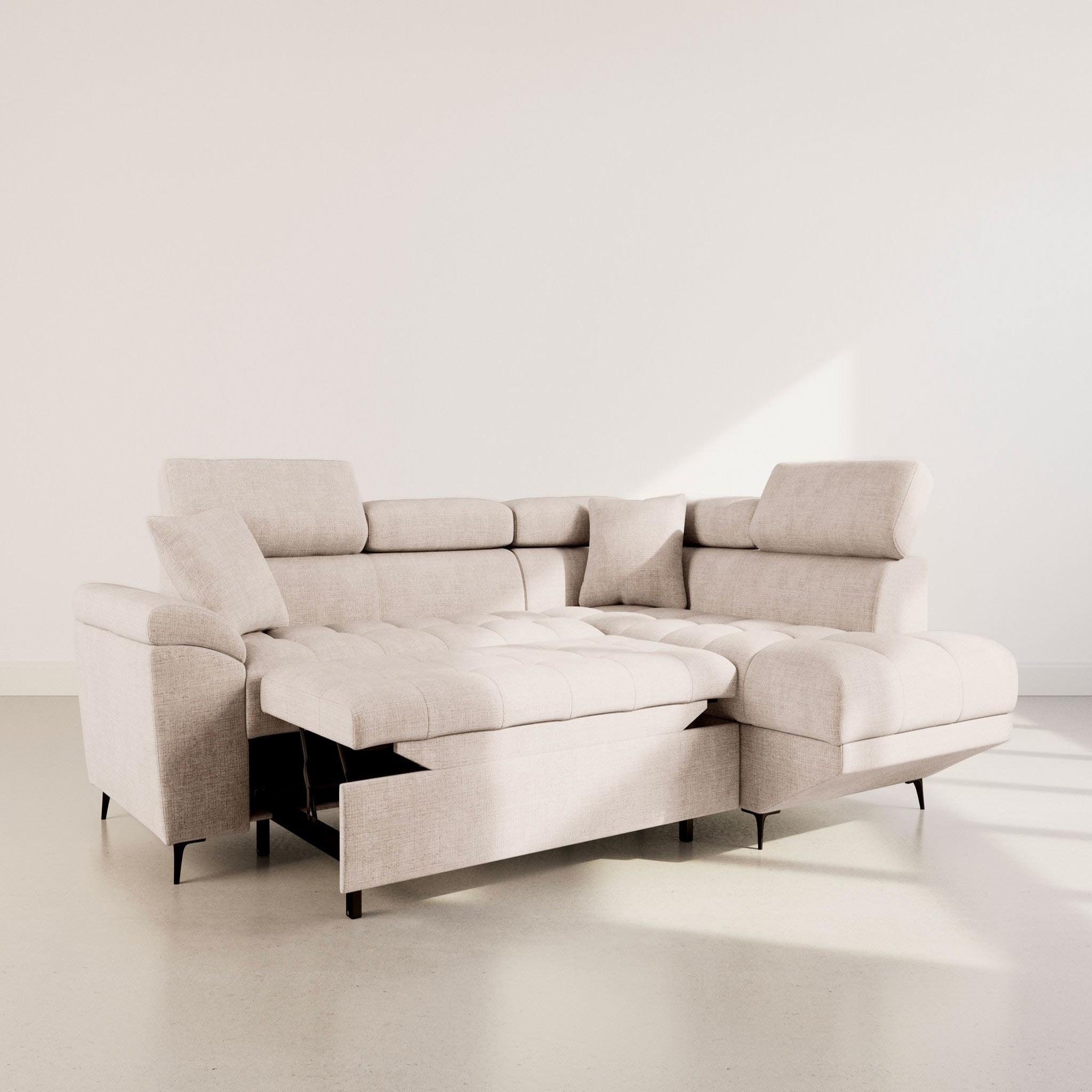 Voir la diapositive 4 : BEST MOBILIER Camille - canapé d'angle droit 5 places convertible avec têtières et coffre en velours texturé
