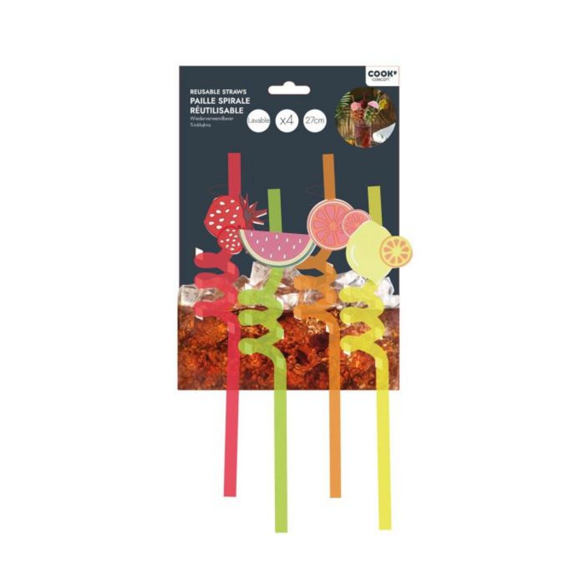 Paris Prix Lot de 4 Pailles Fruits  Réutilisables  27cm Multicolore