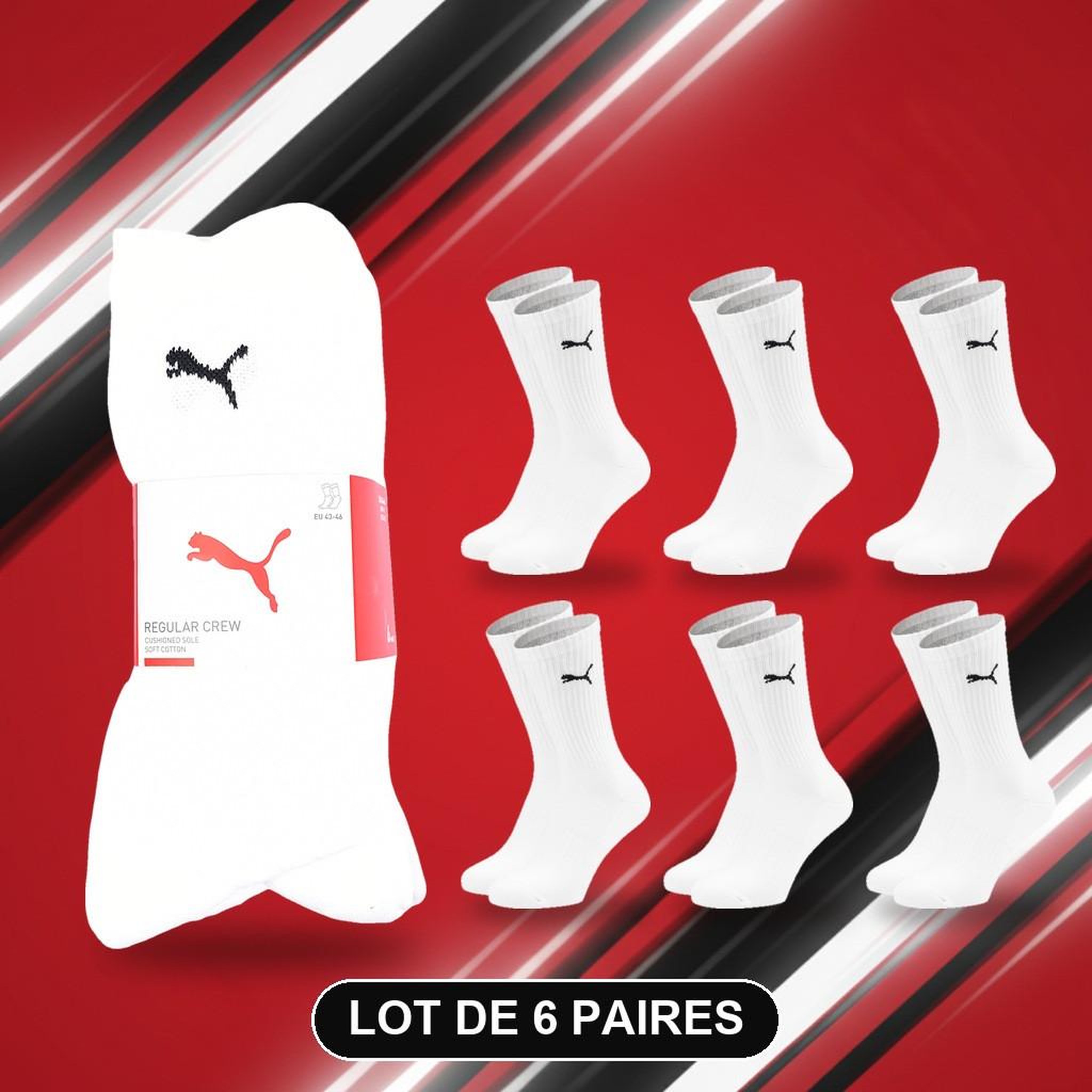 Voir la diapositive 3 : PUMA PUMA Chaussettes Mixte Crew Pack 6 Paires (Lot) - Coton Doux, Talon Cousu