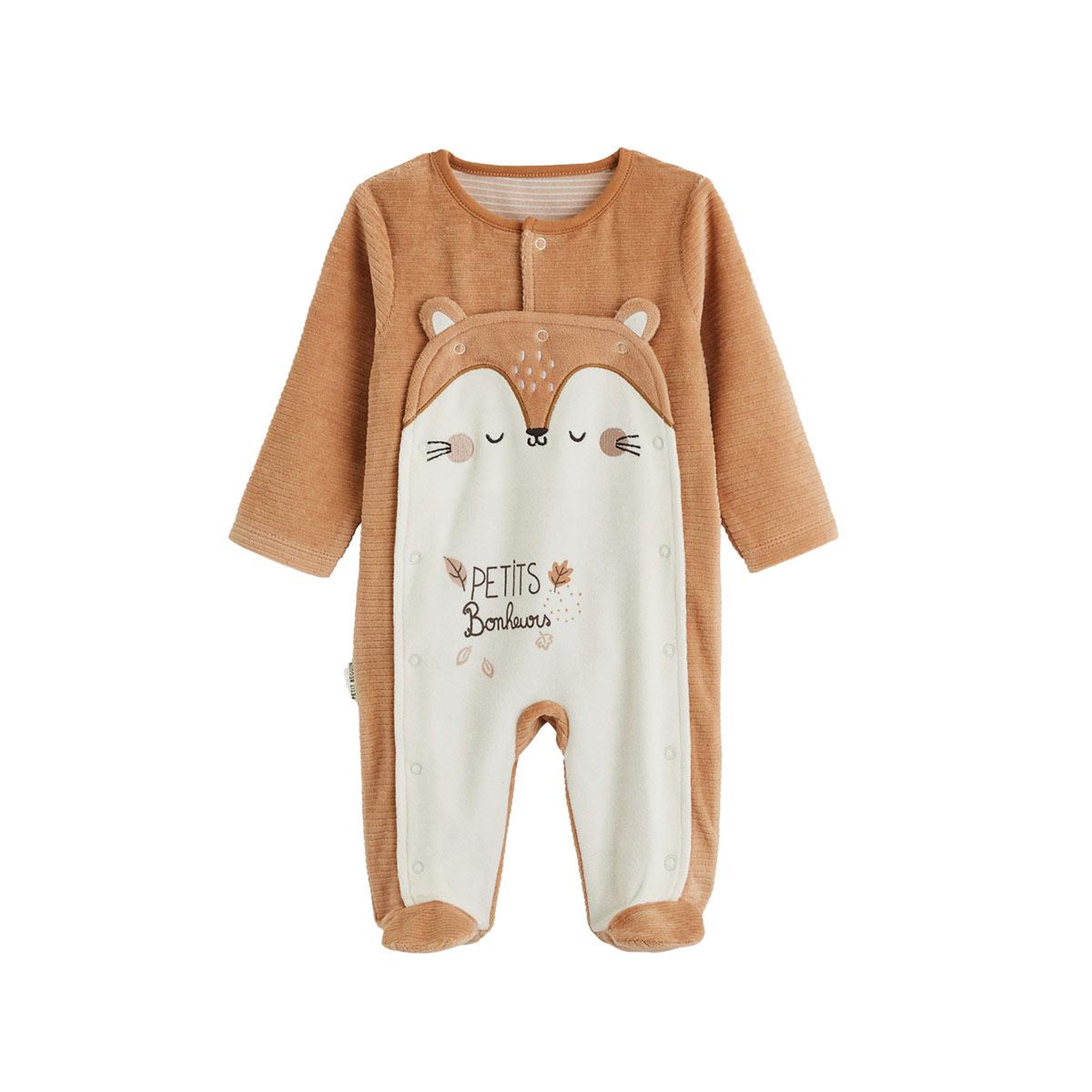 PETIT BEGUIN Pyjama bébé en velours côtelé ouverture pont caramel. Coloris disponibles : Marron