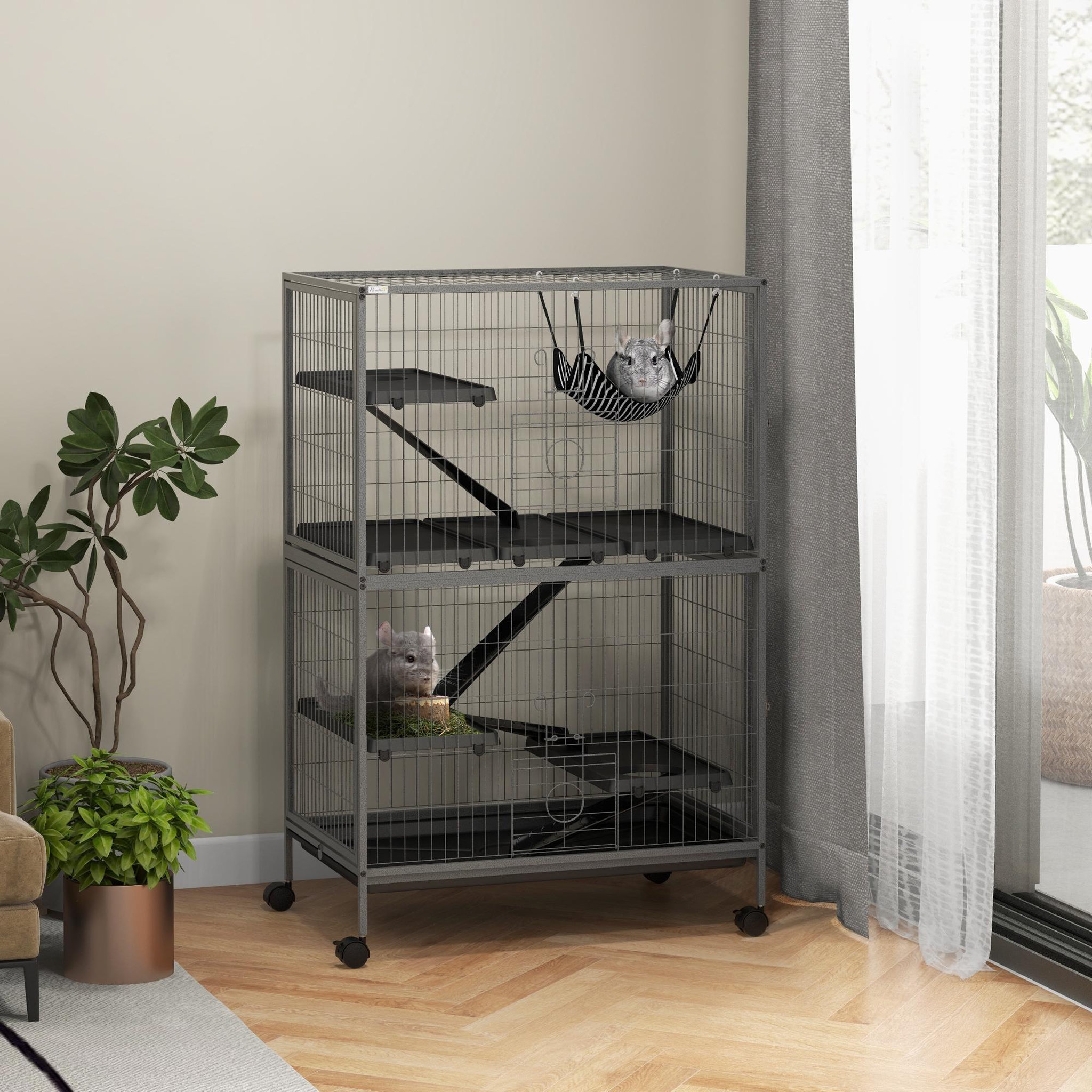 Voir la diapositive 2 : PAWHUT Cage pour rongeurs furet chinchilla 4 plateformes 3 rampes 4 portes hamac plateau acier gris noir