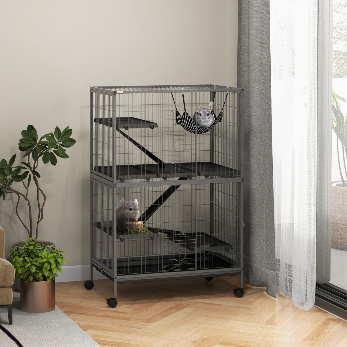 PAWHUT Cage pour rongeurs furet chinchilla 4 plateformes 3 rampes 4 portes hamac plateau acier gris noir