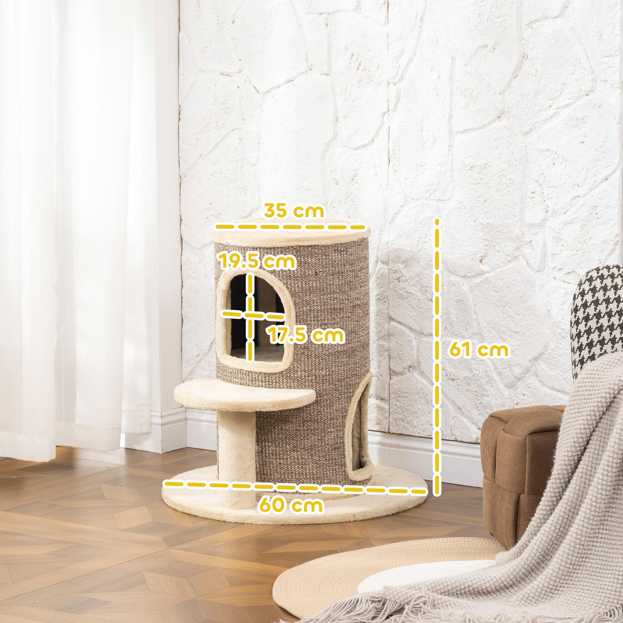 Voir la diapositive 3 : PAWHUT Arbre à chat cylindrique - tour à griffer pour chat h.61cm - tonneau griffoir - 2 niveaux + plateforme - sisal peluche beige