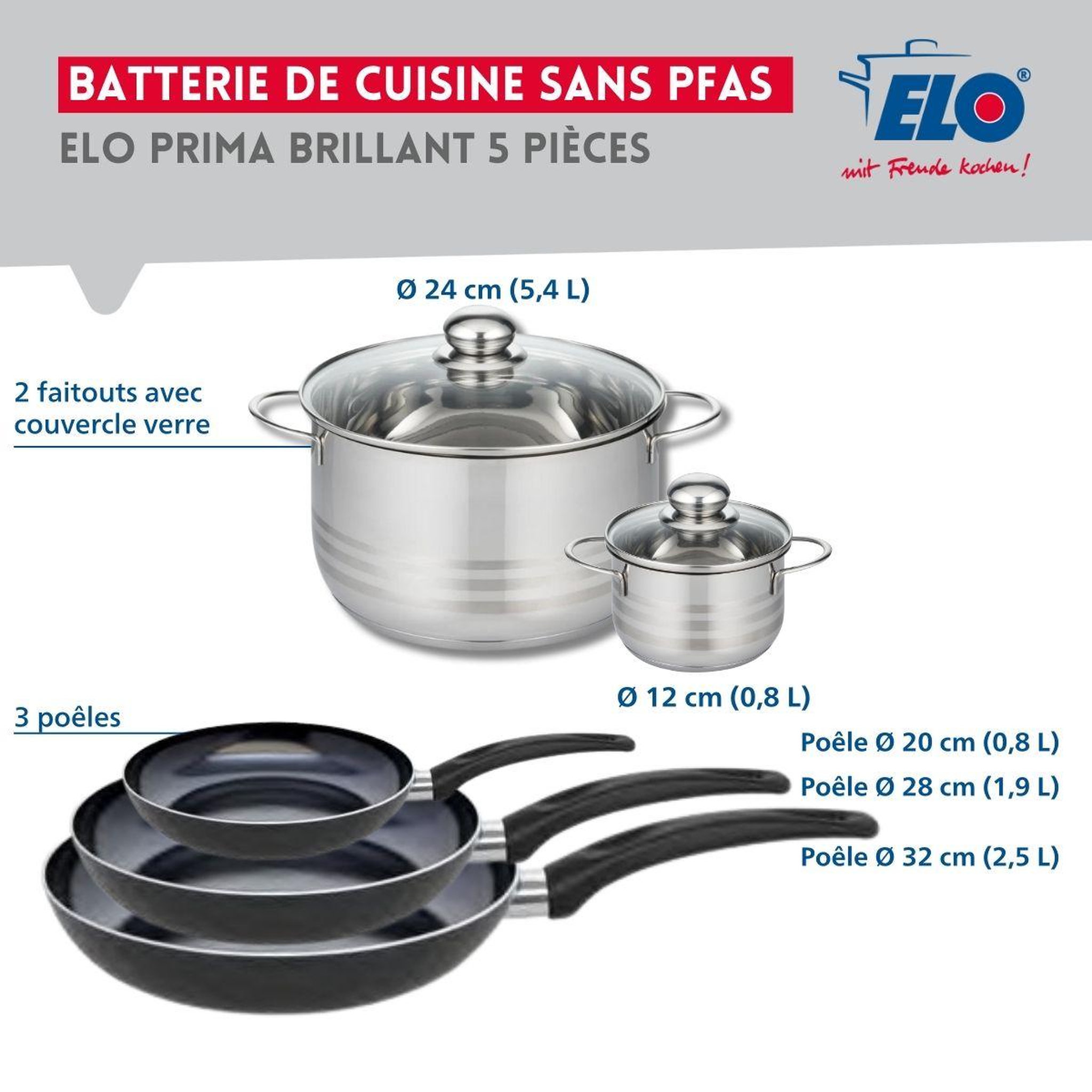 Voir la diapositive 2 : ELO Ensemble de 3 poêles de cuisson 20, 28 et 32 cm et 2 faitouts 12 et 24 cm elo prima brillant