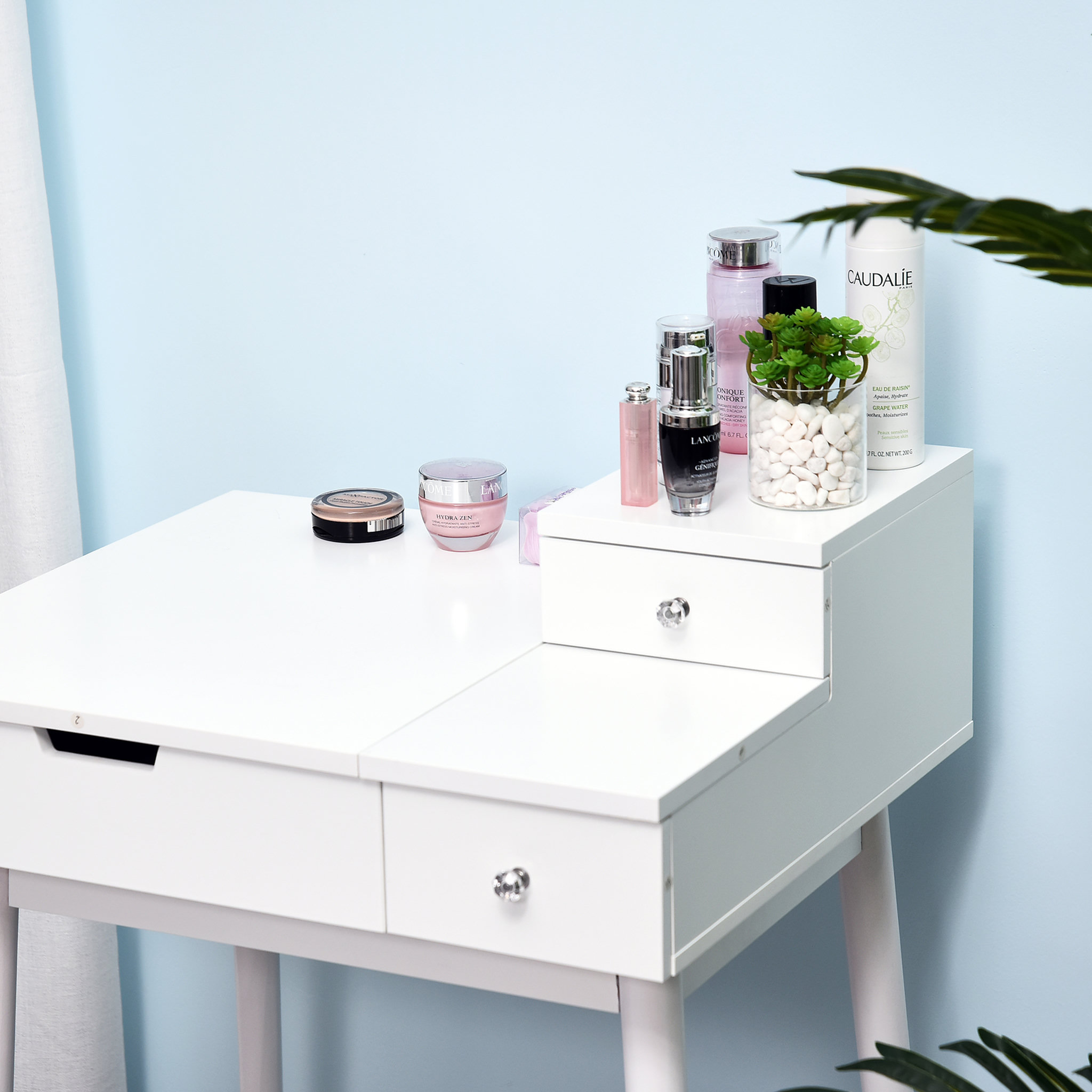 Voir la diapositive 5 : HOMCOM Coiffeuse table de maquillage avec tabouret miroir rabattable coffre + 2 tiroirs MDF bois massif pin blanc