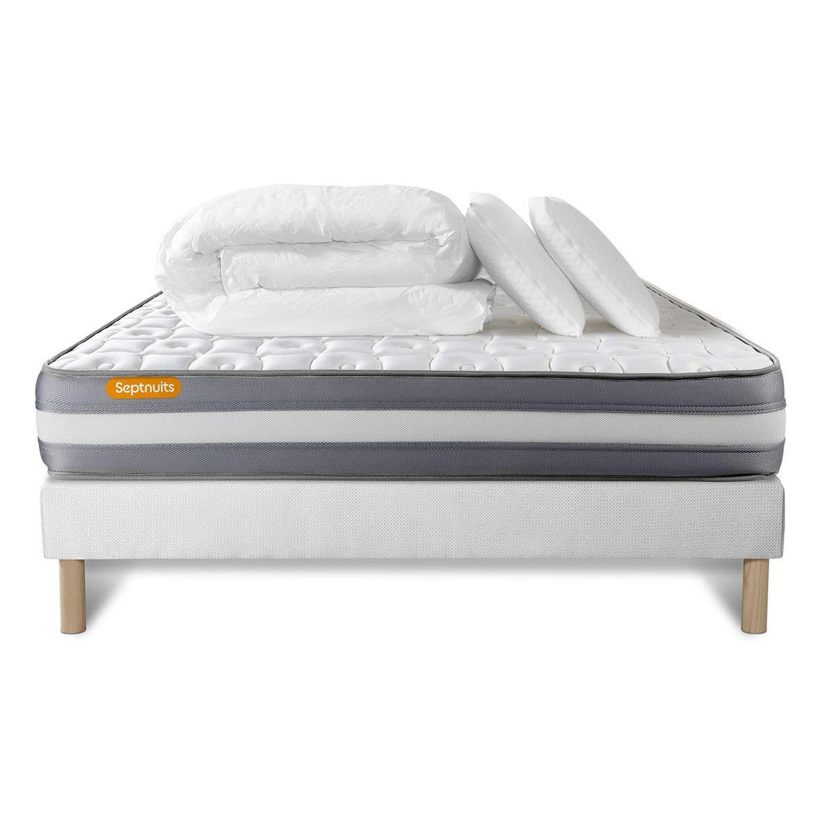 SEPTNUITS PACK matelas + sommier Memo Plus Mémoire de forme 3 zones + 2 oreillers + couette