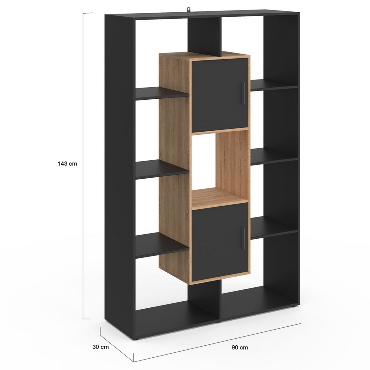 ID MARKET Etagère bibliothèque COLETTE avec 11 compartiments et 2 cases noir et effet bois 143 cm