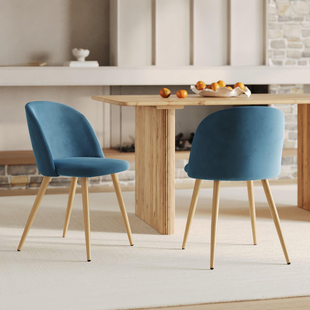 MAISON PAVANE Lot de 2 chaises en velours bleu et pieds en métal-Cozy