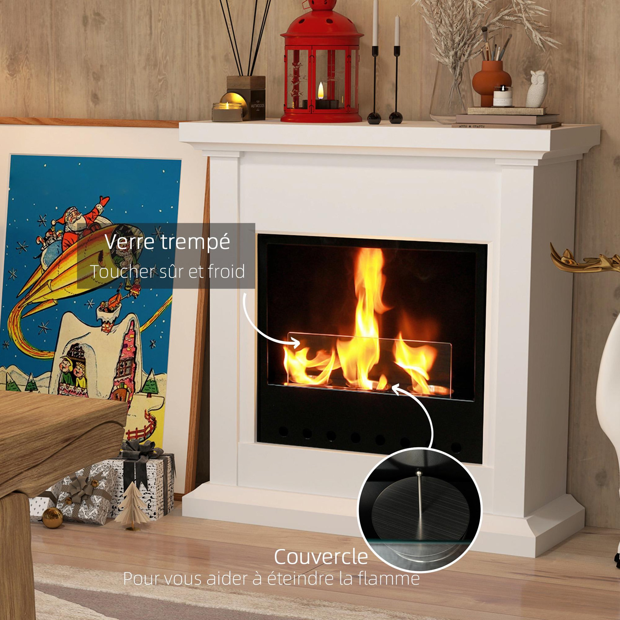 Voir la diapositive 6 : HOMCOM Cheminée bioéthanol - brûleur 400ml, combustion 3h, couverture 16-18 m² - verre trempé protection - blanc