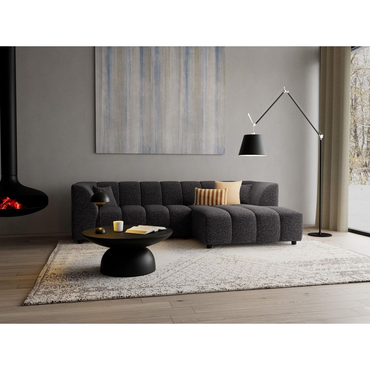 LISA DESIGN Curtis - canapé d'angle droit 4 places avec accoudoir en tissu texturé