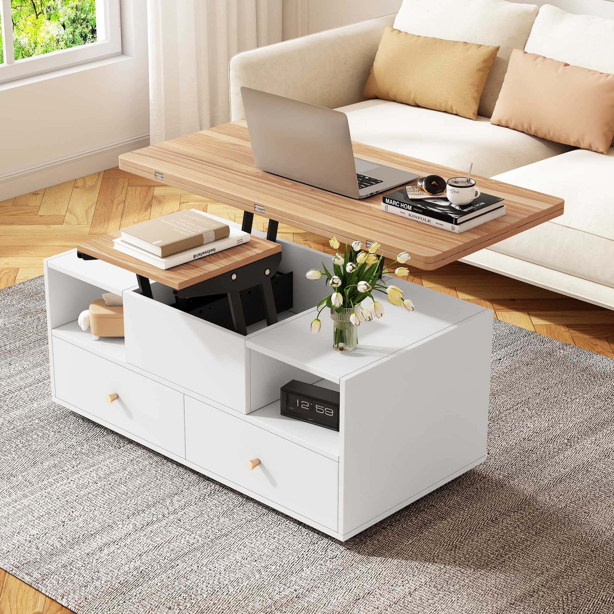 Voir la diapositive 5 : MERAX Table basse plateau relevable rectangulaire blanc+naturel - 50x100 cm mdf