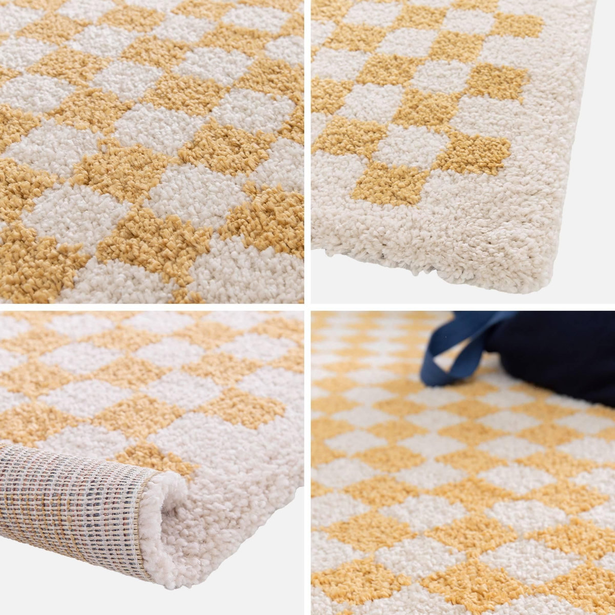 SWEEEK Tapis intérieur shaggy poils longs damier jaune moutarde et crème