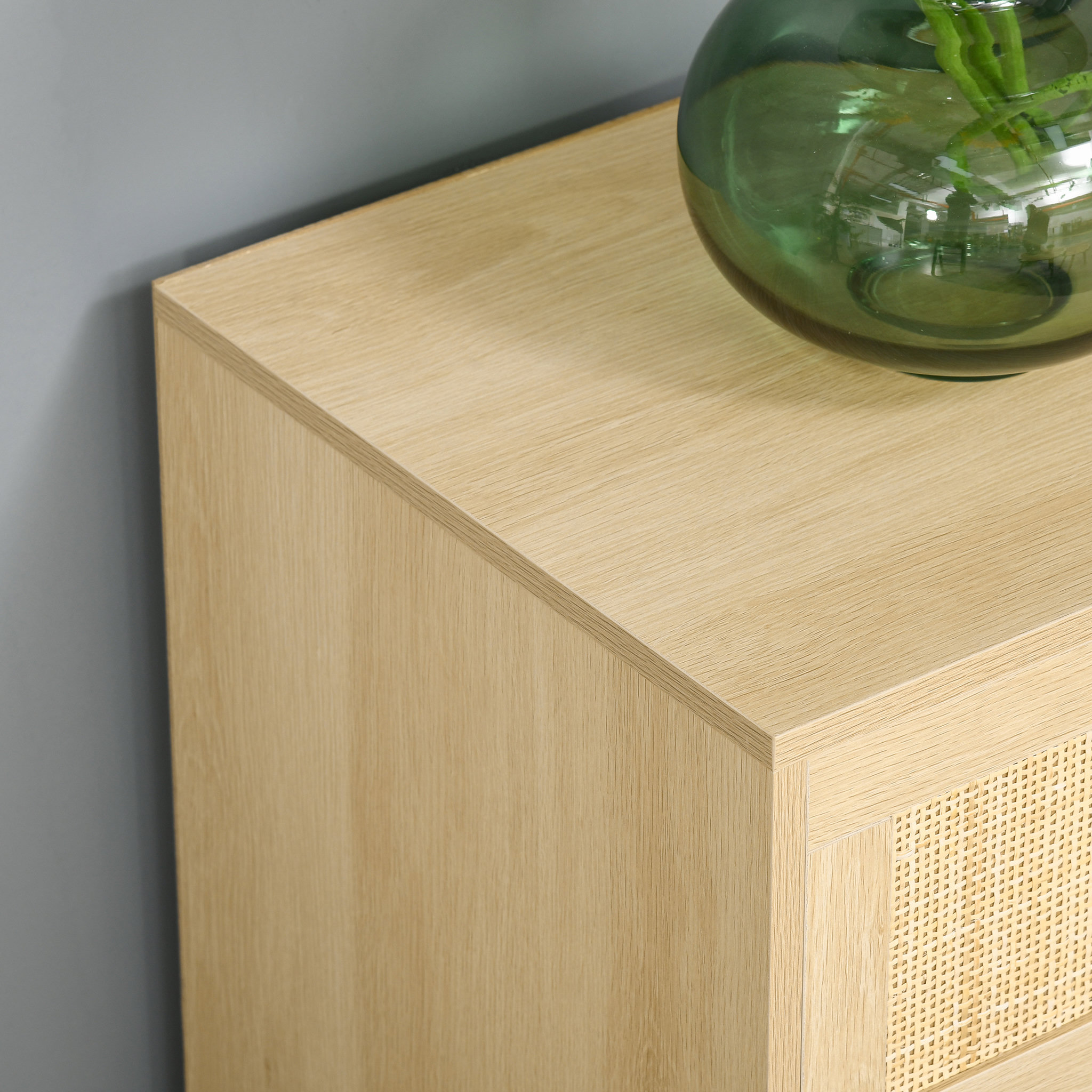 Voir la diapositive 6 : HOMCOM Commode 3 tiroirs cannage en rotin dim. 80L x 40l x 80H cm MDF aspect bois clair