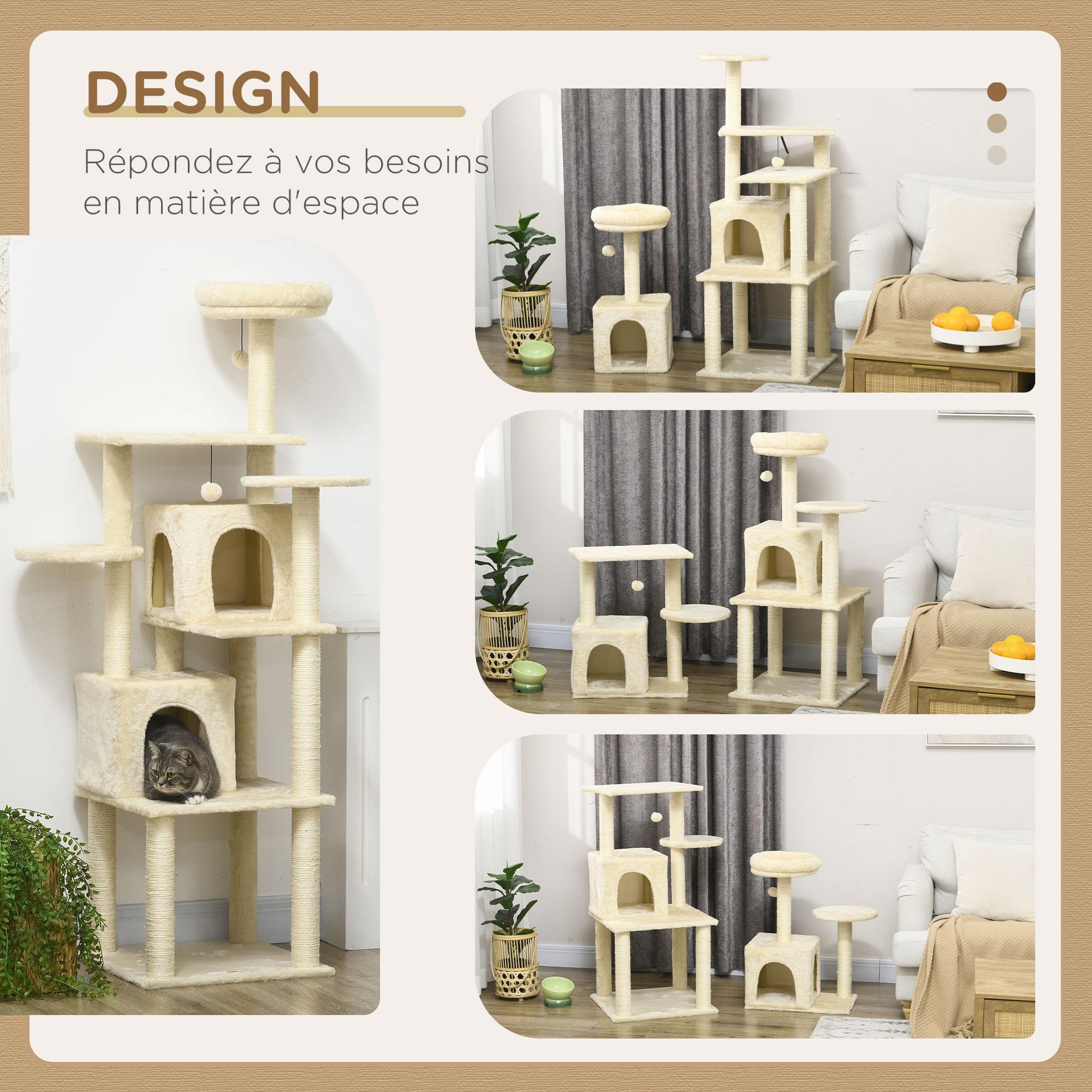 Voir la diapositive 6 : PAWHUT Arbre à chat modulable - griffoirs, 2 niches, 4 plateformes, 2 boules suspendues - peluche douce beige