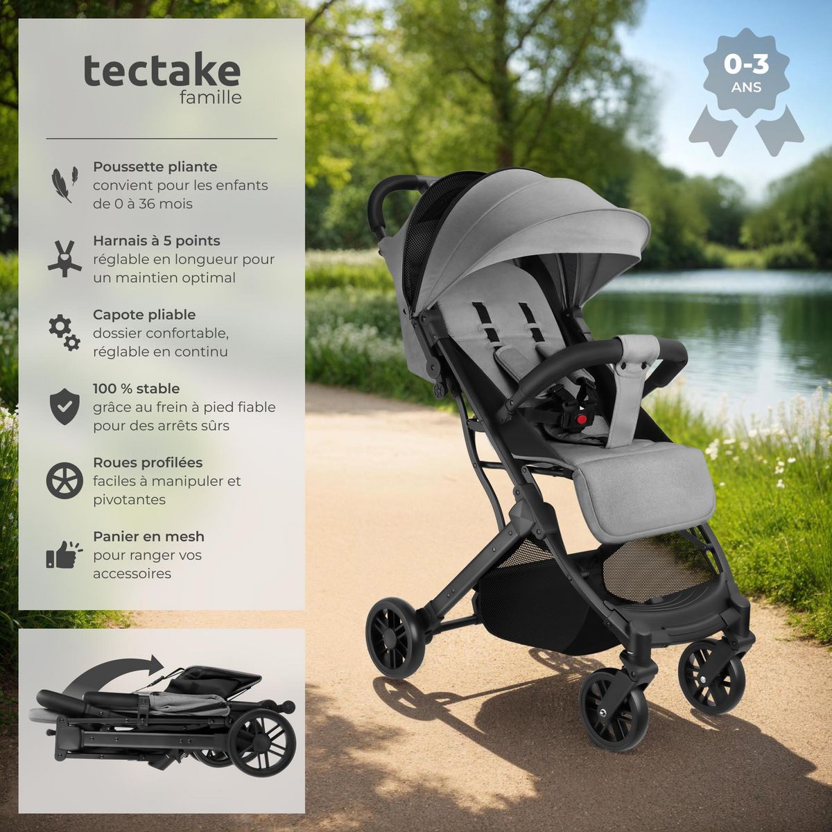 tectake Poussette buggy pliage à une main avec harnais à 5 points, frein de stationnement et arceau de sécurité gris