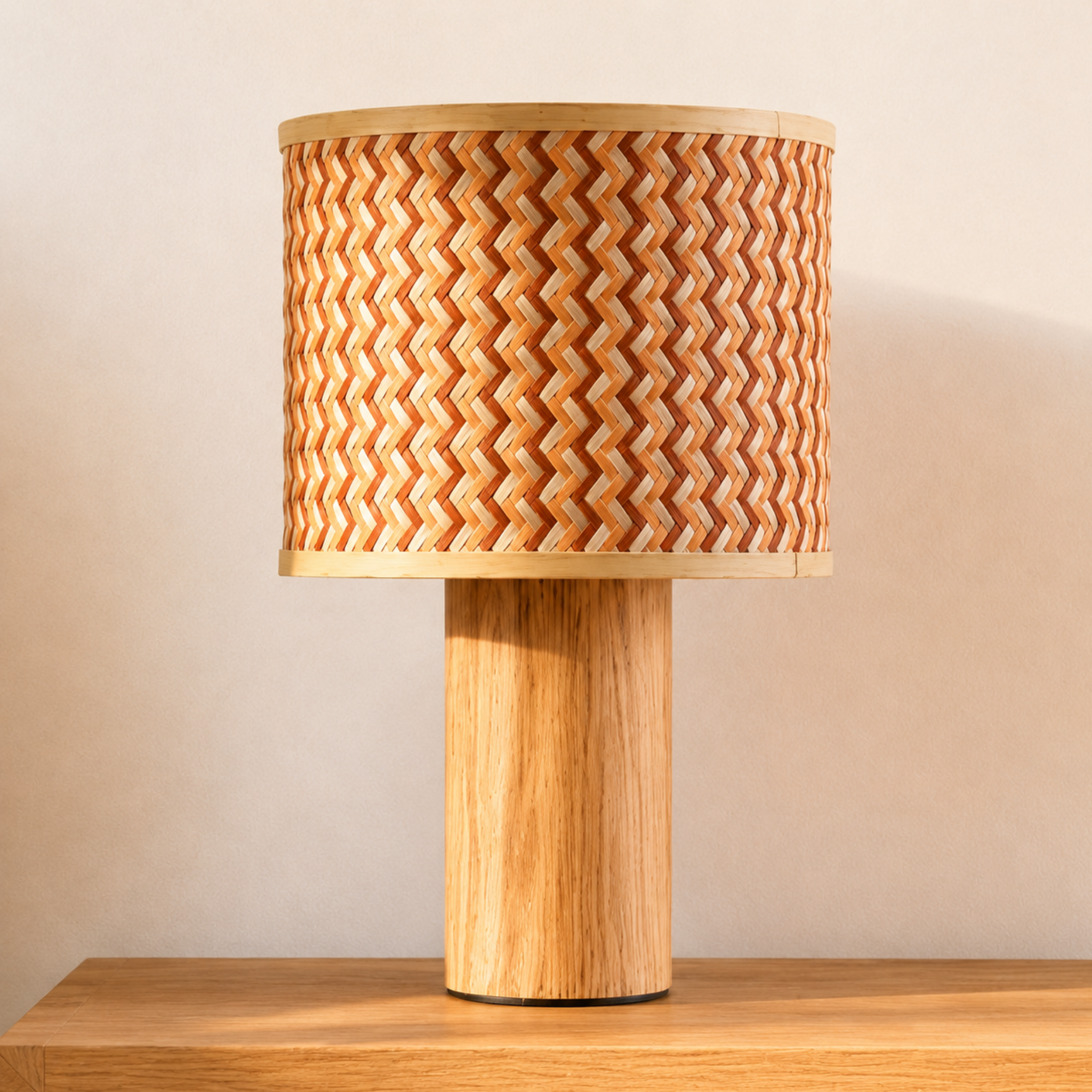 Voir la diapositive 2 : MAISON PAVANE Grande lampe à poser bois de chêne, tressage en bambou crème et orange-phil