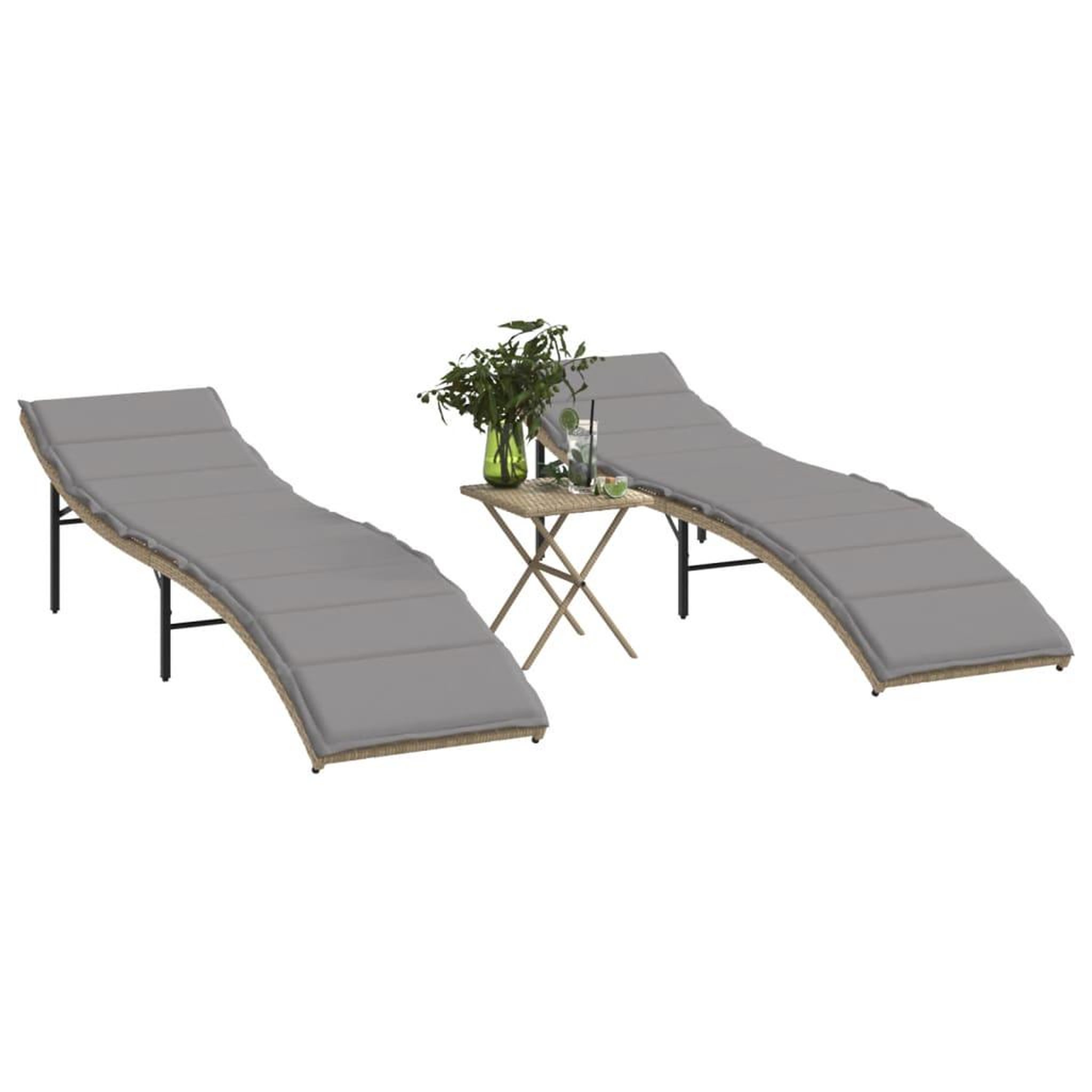 Voir la diapositive 1 : VIDAXL Chaises longues lot de 2 avec table beige resine tressee