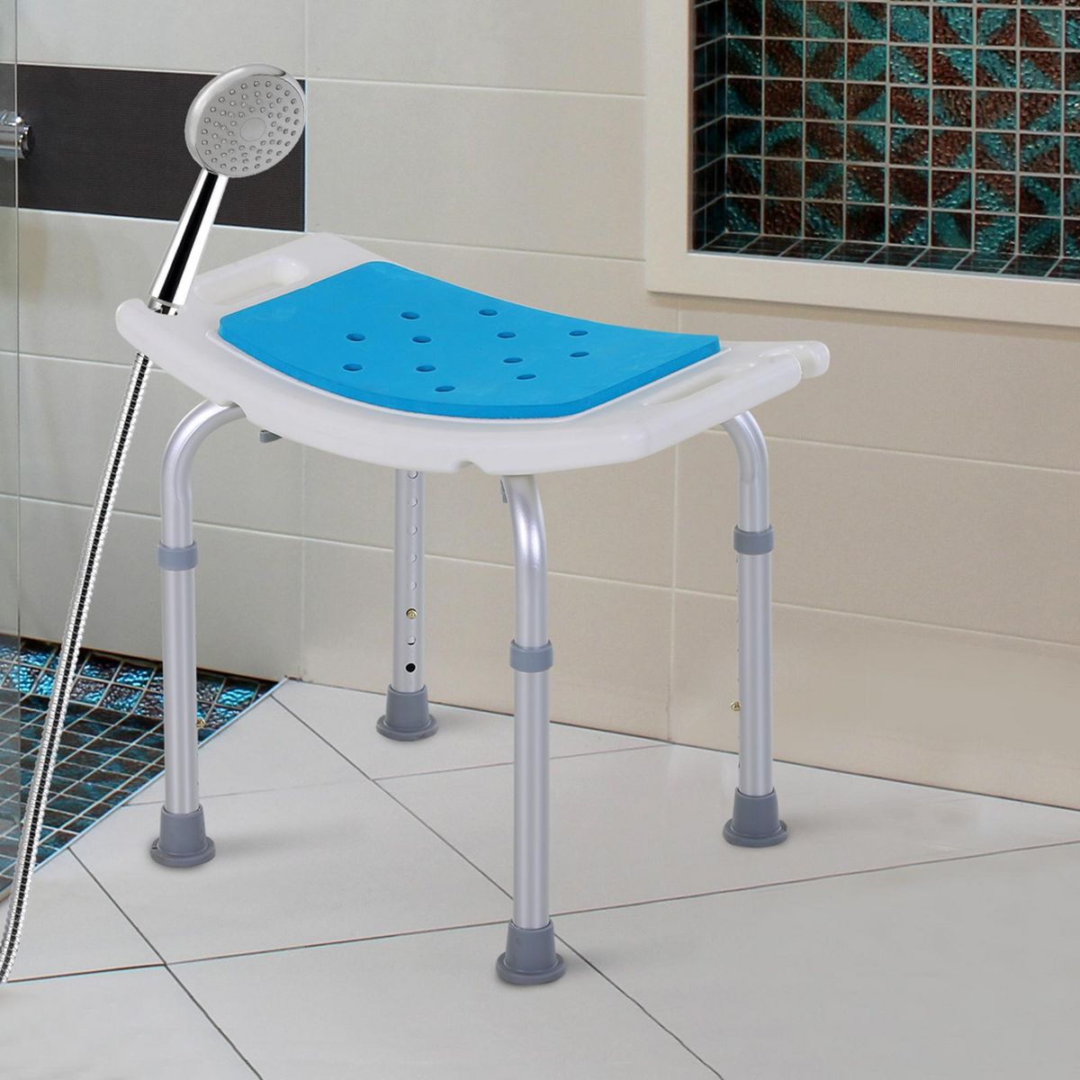 HOMCOM Siège de douche réglable en hauteur tabouret de douche ergonomique pieds antidérapants charge max. 135 Kg alu HDPE blanc bleu