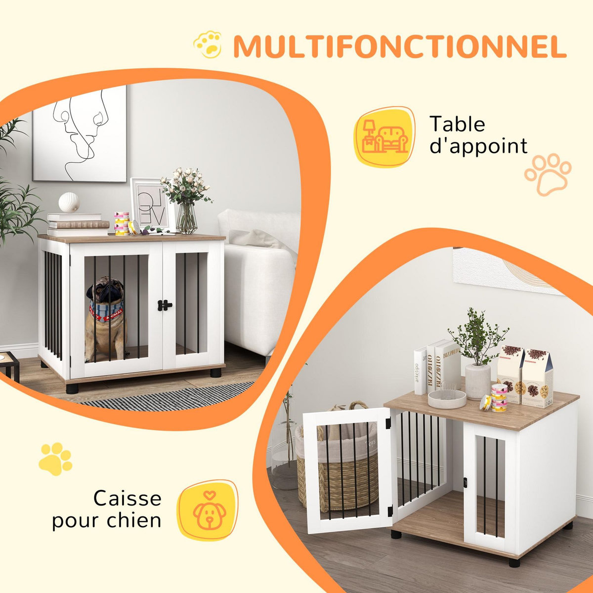 PAWHUT Cage pour chien animaux sur pied - porte verrouillable - acier noir panneaux blanc chêne clair