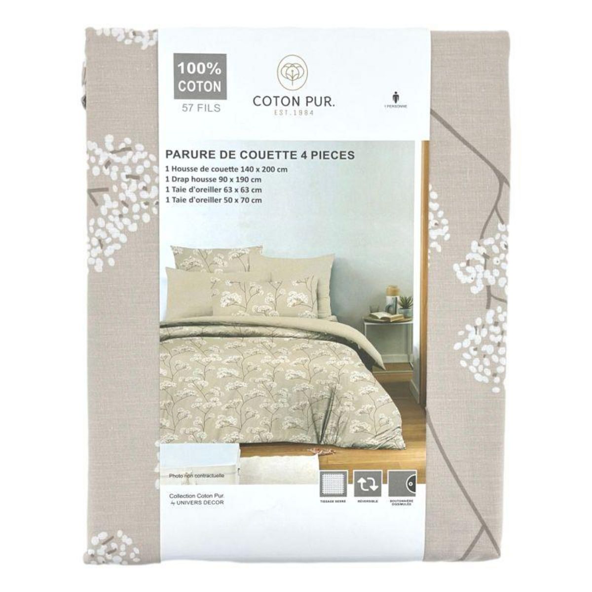 COTON PUR Pack complet housse de couette réversible pour lit 90 x 190 cm Landscape naturel