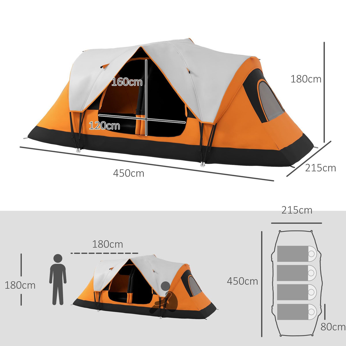 OUTSUNNY Tente de camping familiale 6-8 pers. double toit étanche 2 000 mm moustiquaire sac de tranport orange