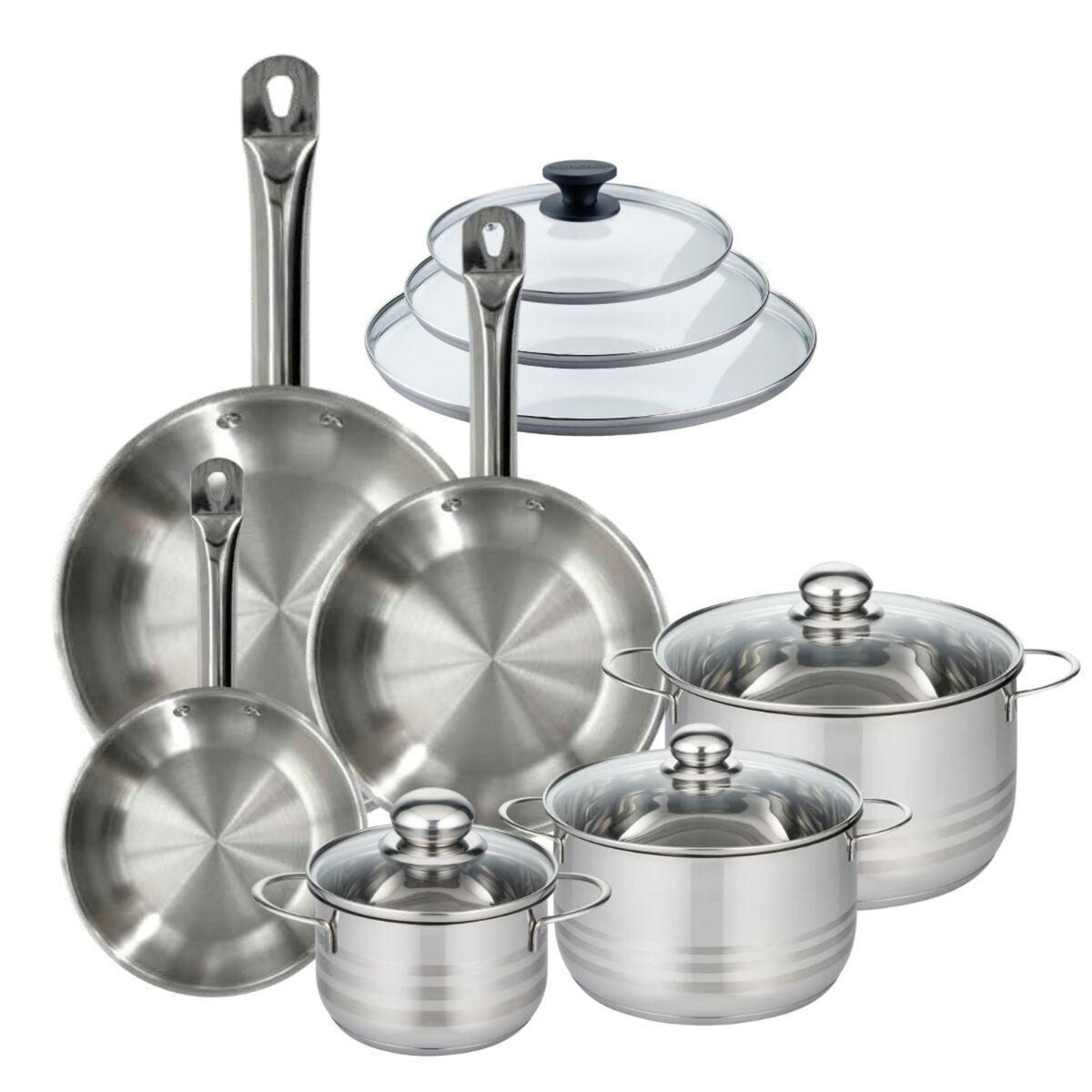 Fackelmann Set 3 poêles 20 24 28 cm en inox et 3 couvercles verre, 3 faitouts inox 16, 20 et 24 cm Fackelmann Eterna