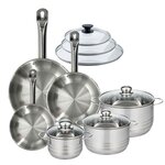 Fackelmann Set 3 poêles 20 24 28 cm en inox et 3 couvercles verre, 3 faitouts inox 16, 20 et 24 cm Fackelmann Eterna