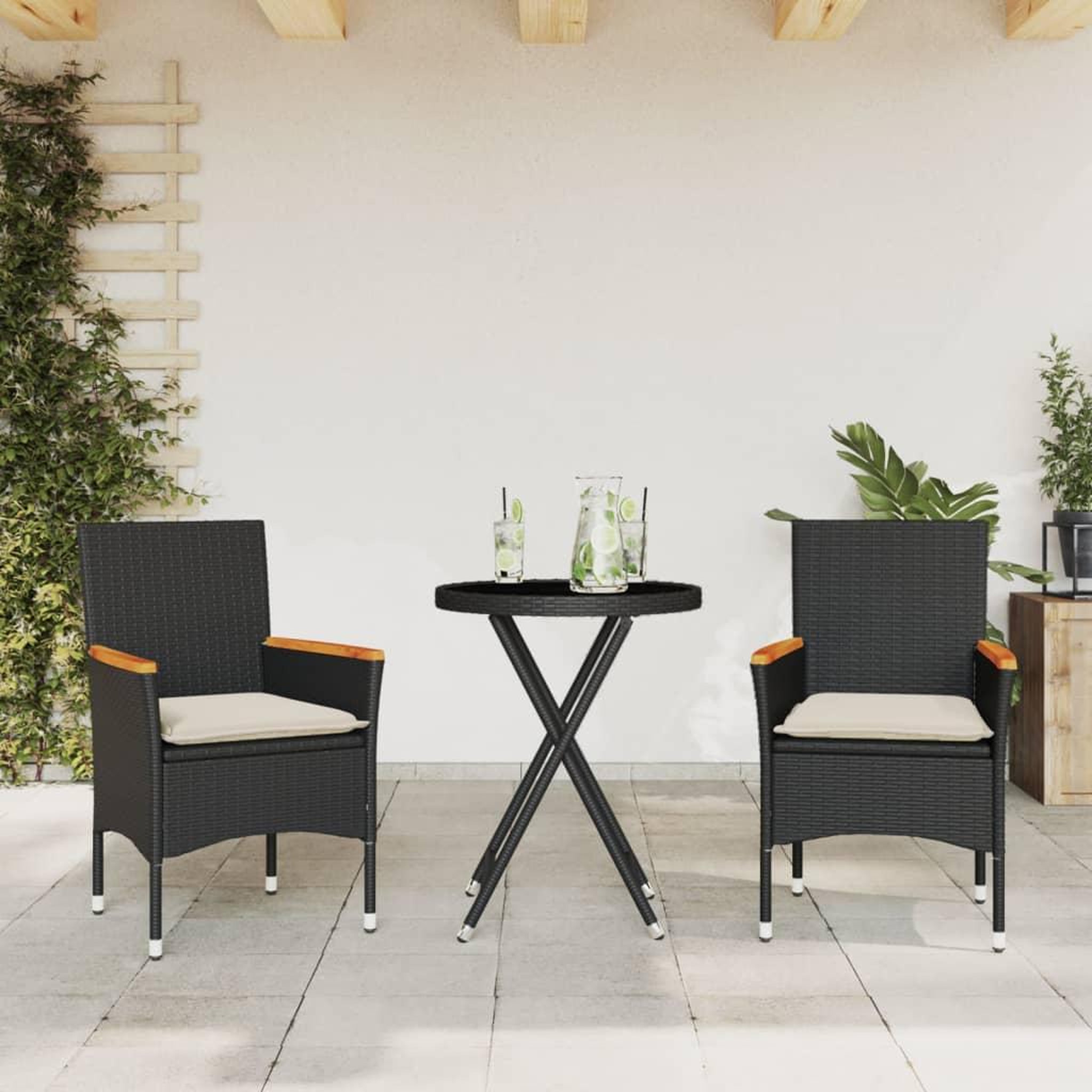 VIDAXL Ensemble de bistro avec coussins 3pcs noir resine tressee verre