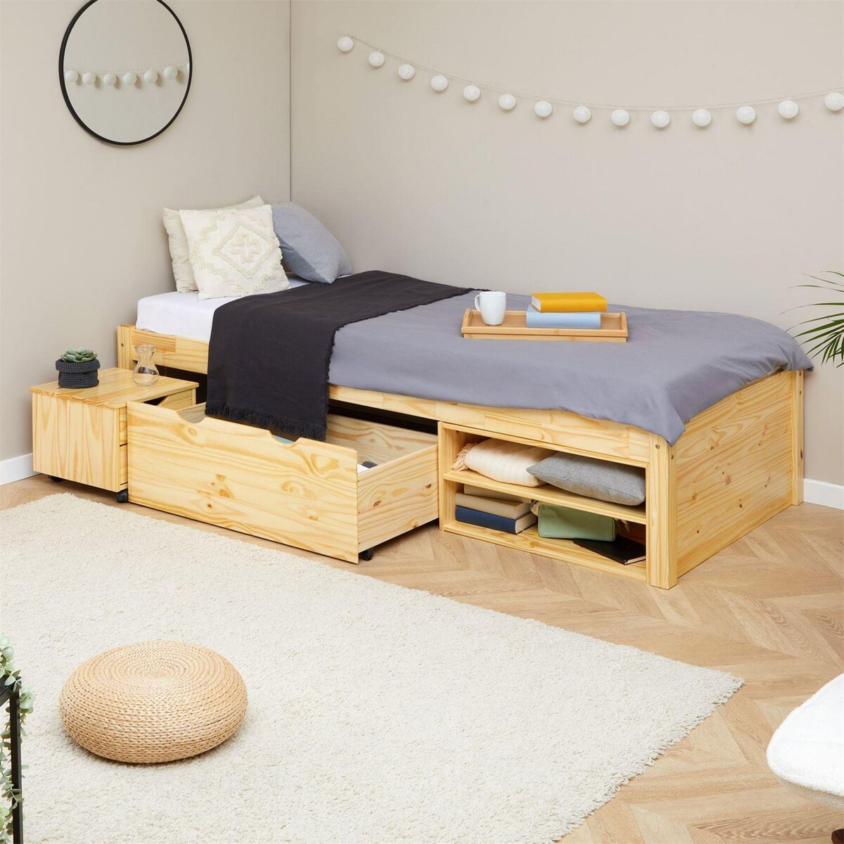 IDIMEX Lit fonctionnel SABRINA 90x190 cm, en pin massif