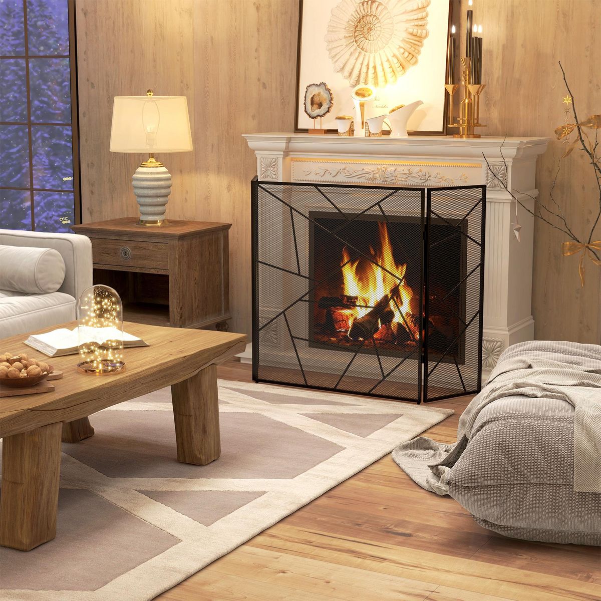 HOMCOM Pare-feu cheminée poêle design graphique - 3 volets pliables - dim. 135L x 1,2l x 85H cm - acier métal noir