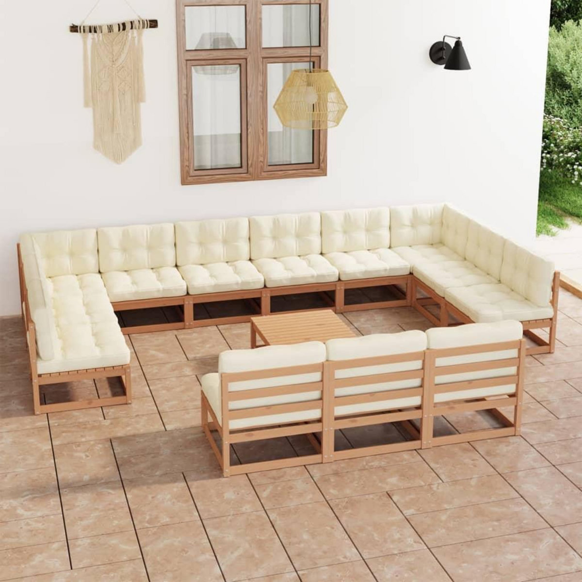 VIDAXL Salon de jardin 14 pcs avec coussins Marron miel Bois de pin