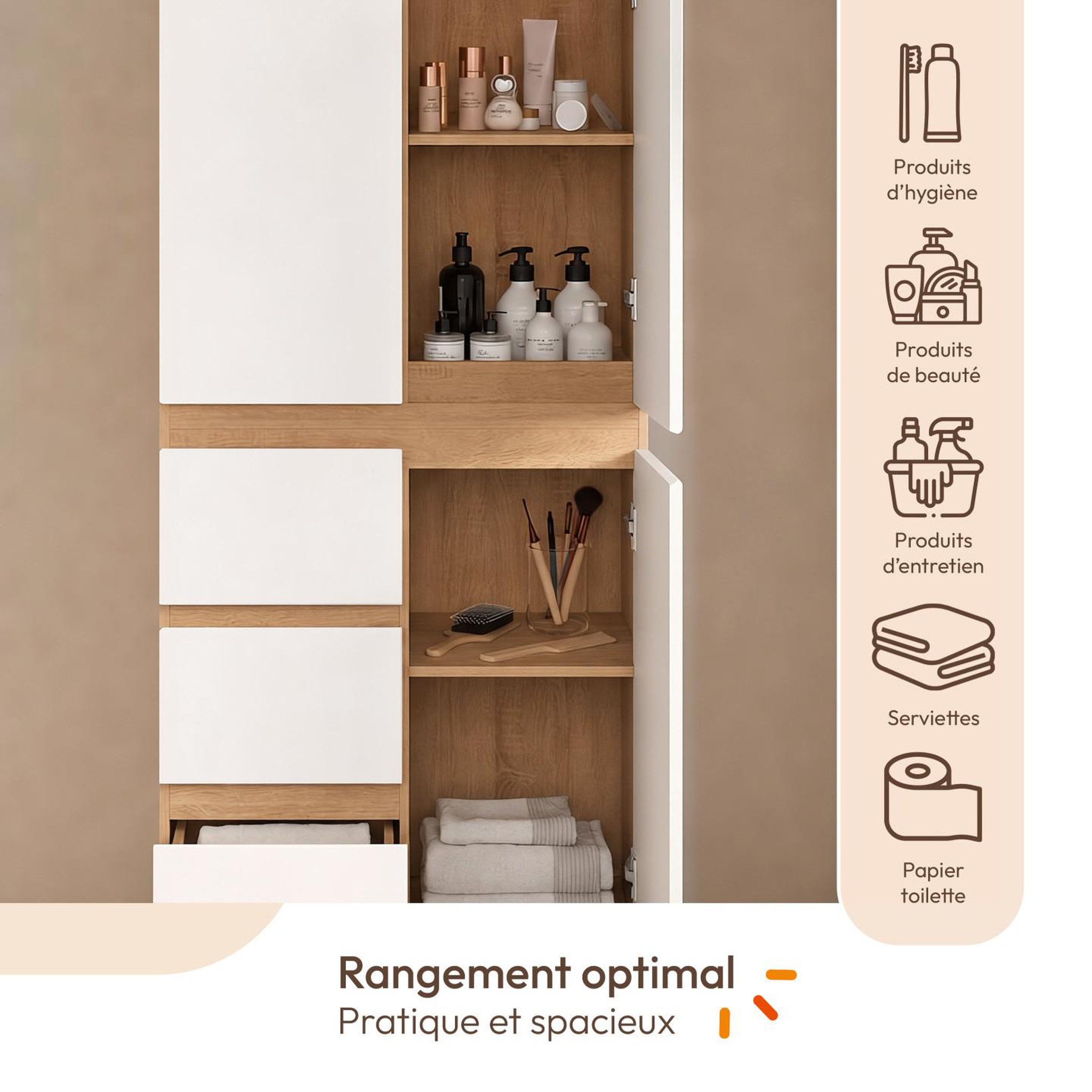 Voir la diapositive 4 : ID MARKET Meuble armoire colonne salle de bain TOMI 3 portes et 3 tiroirs façon hêtre et blanc