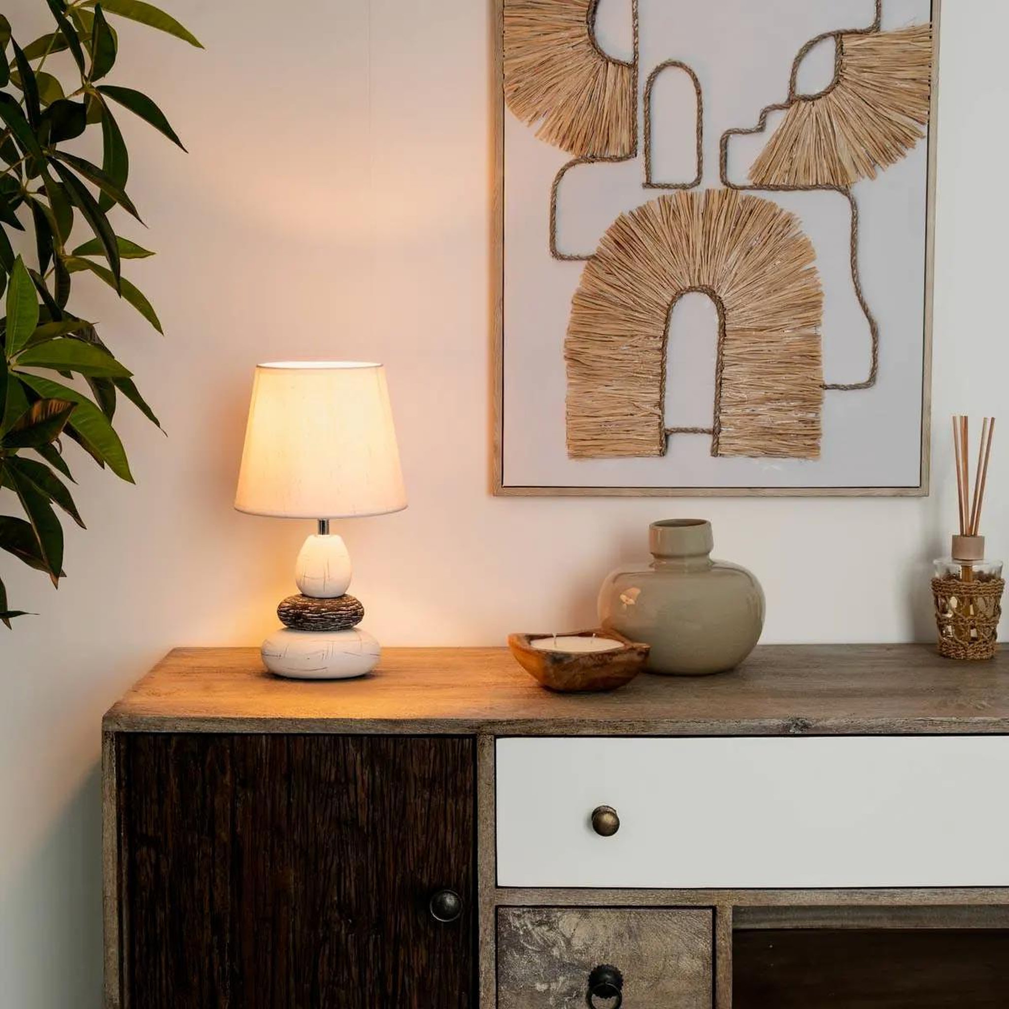 Voir la diapositive 3 : ATMOSPHERA Lampe à poser  galets  33cm ivoire