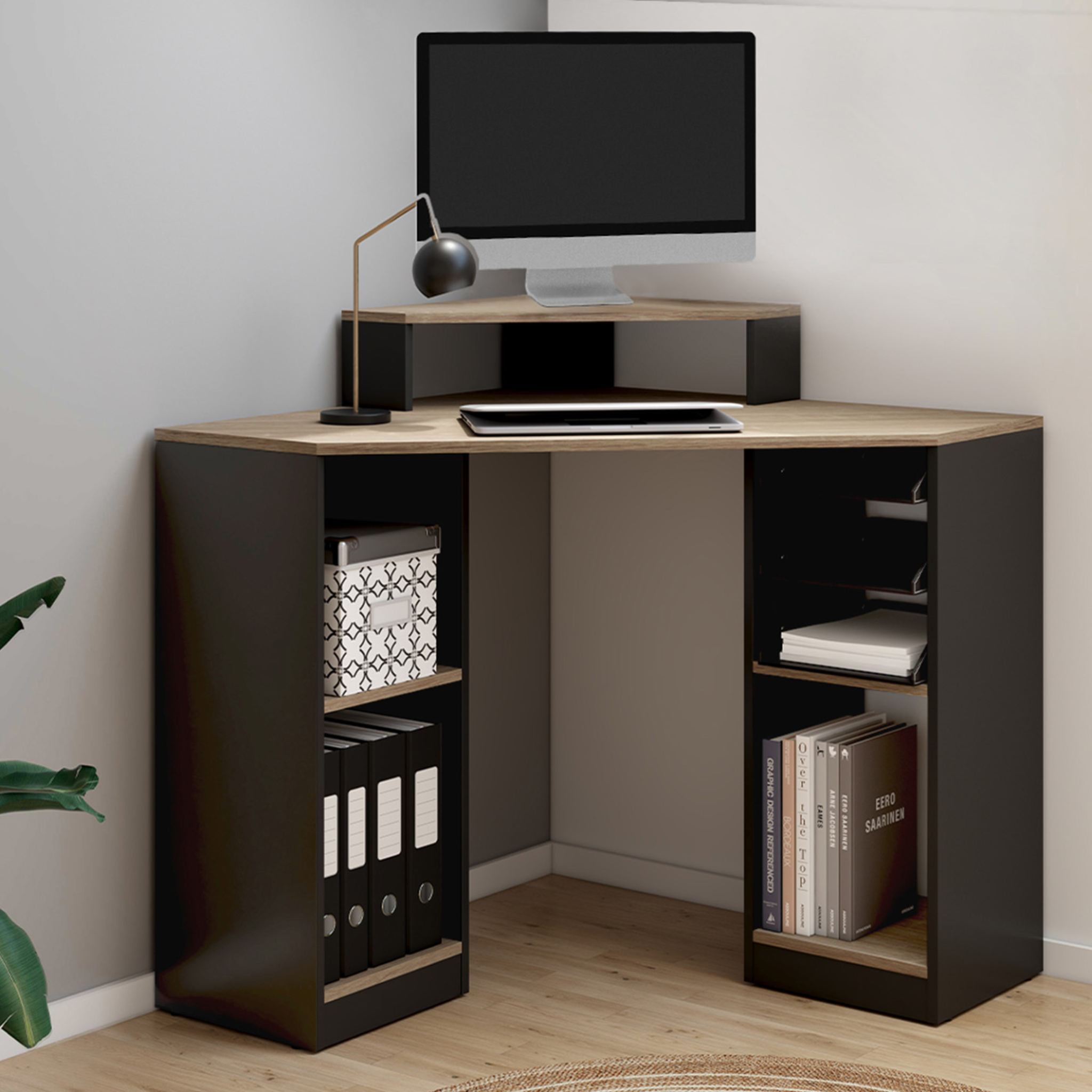 Voir la diapositive 2 : ID MARKET Bureau d'angle harry noir et façon hêtre gain de place bureau informatique avec rangements