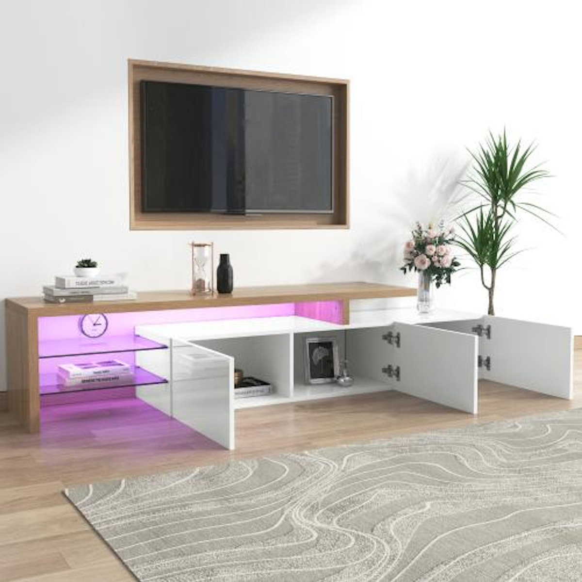 MERAX Meuble tv blanc+naturel 197,5 cm led mdf