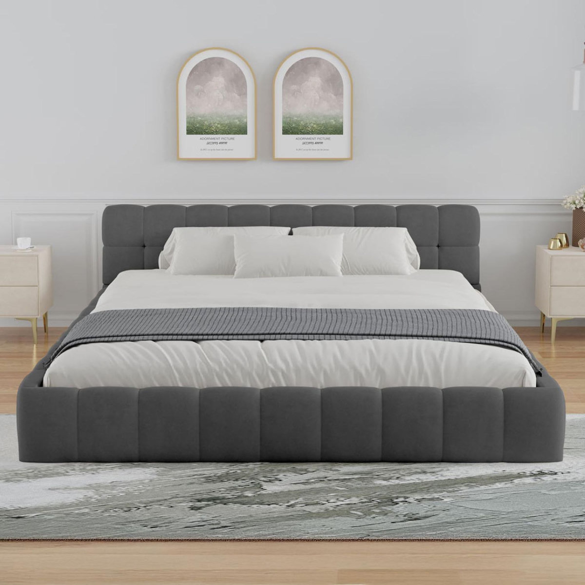 CONCEPT USINE Lit nuage 160x200cm en velours gris KANSAS