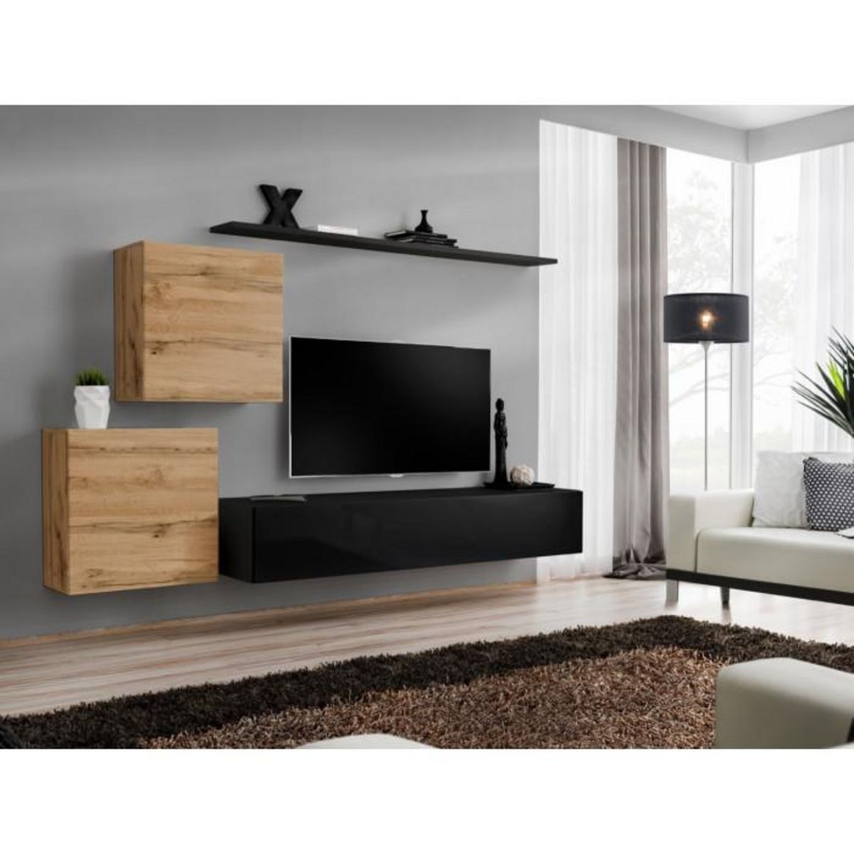 Paris Prix Meuble TV Mural Design  Switch V  250cm Naturel & Noir