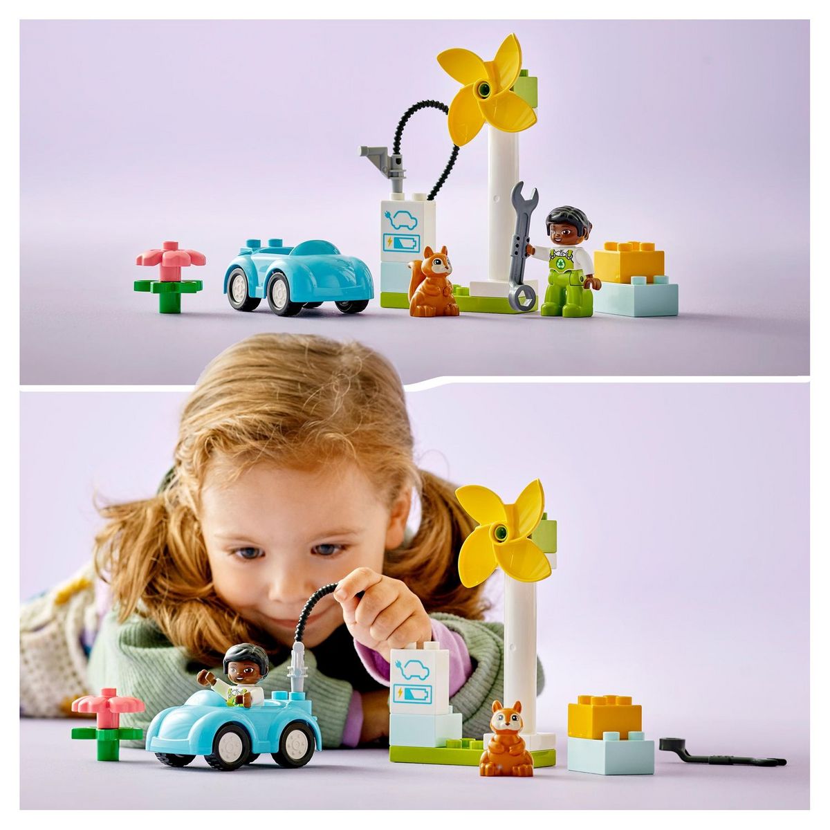 LEGO Duplo 10985 L'éolienne et la voiture électrique, Jouet Voiture pour Enfants Dès 2 Ans, Garçons et Filles, Jouets Éducatifs avec Figurines