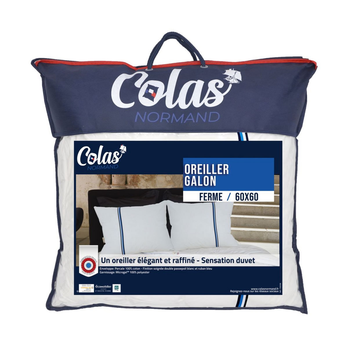 COLAS NORMAND Oreiller ferme en percale de coton sensation duvet GALON BLEU