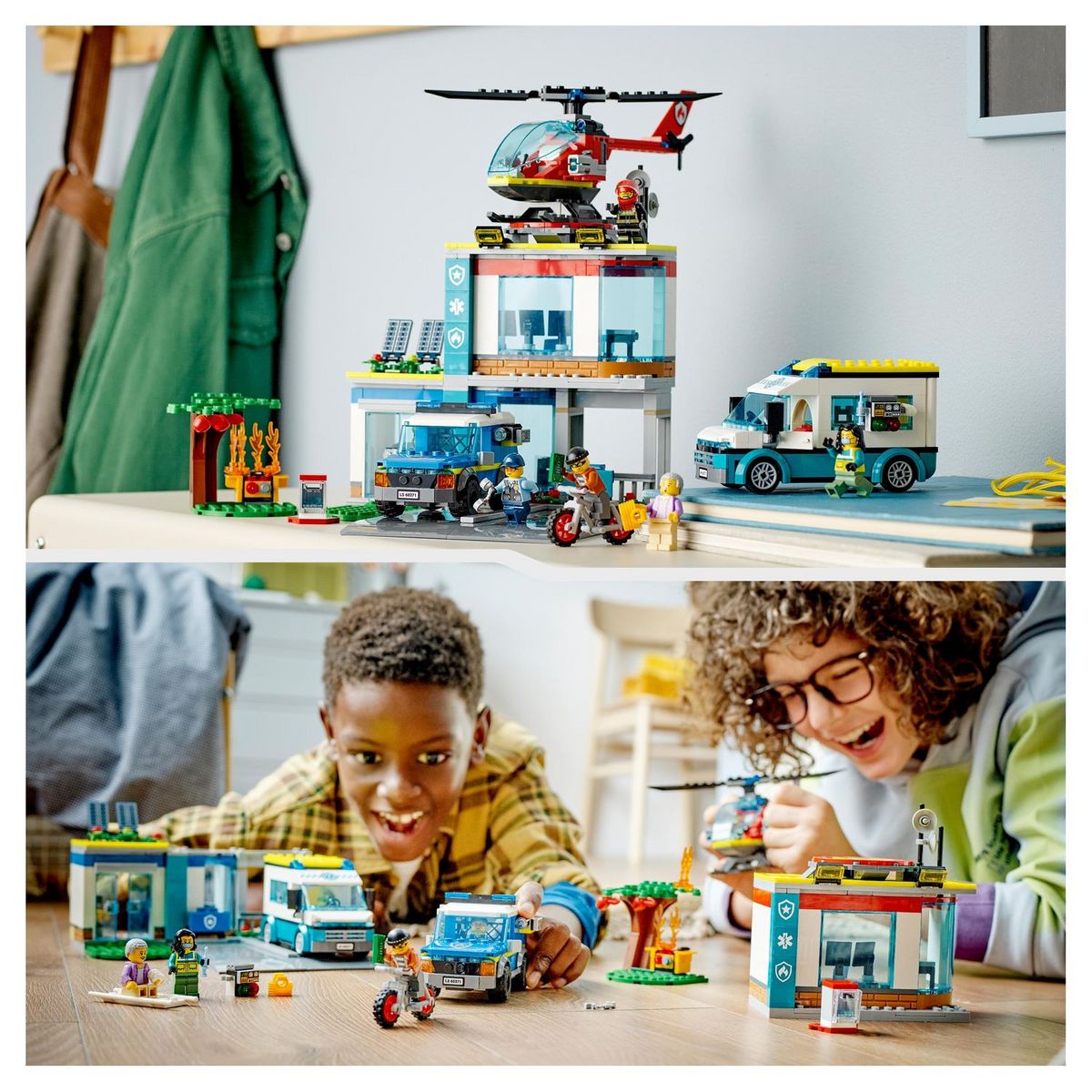 LEGO City 60371 Le QG des véhicules d'urgences, avec Hélicoptère de Pompier, Jouet Camion Ambulance, Moto et Voiture de Police