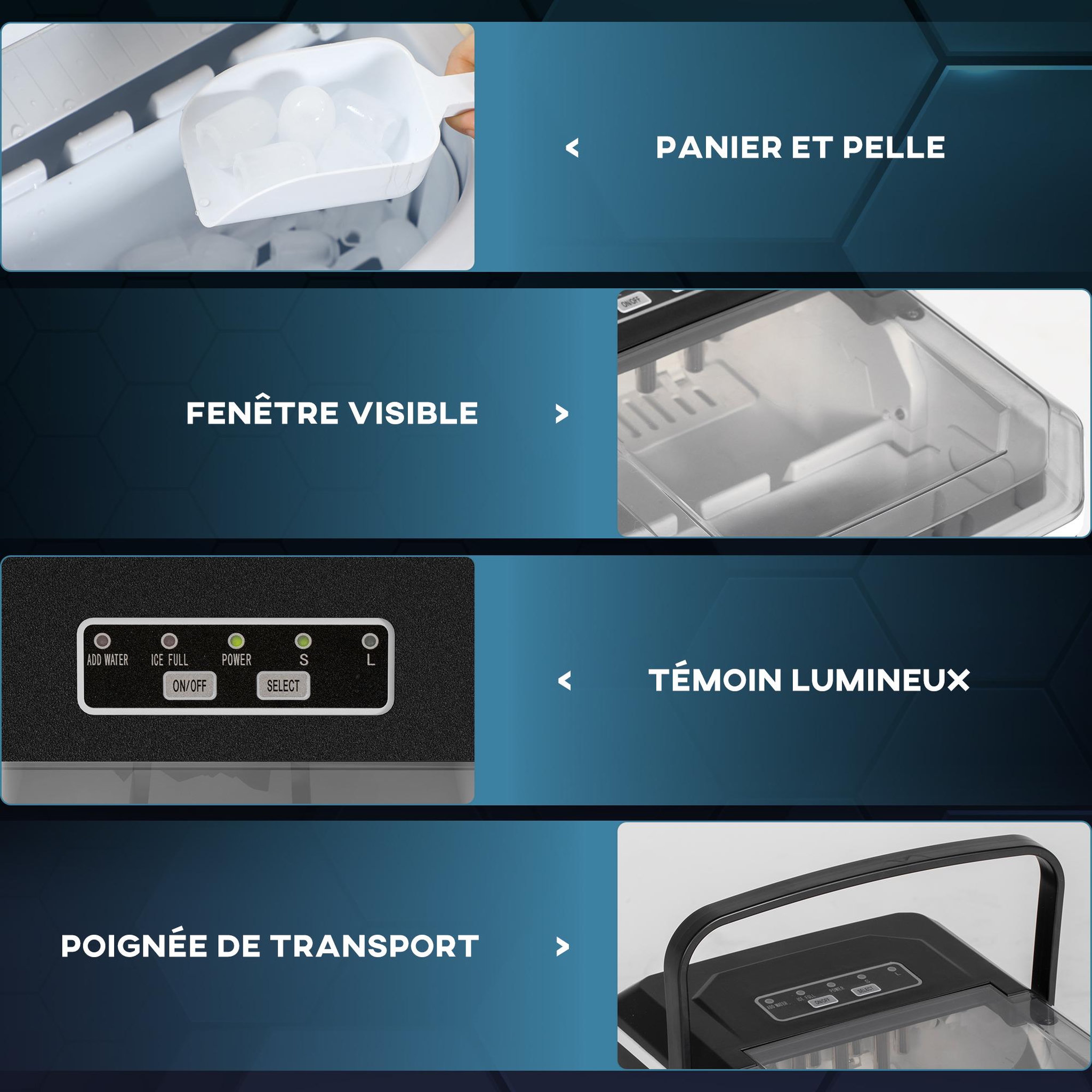 Voir la diapositive 5 : HOMCOM Machine à glaçons - 12Kg en 24H, 9 glaçons en 6-13 minutes - accessoires, nombreuses fonctions - noir