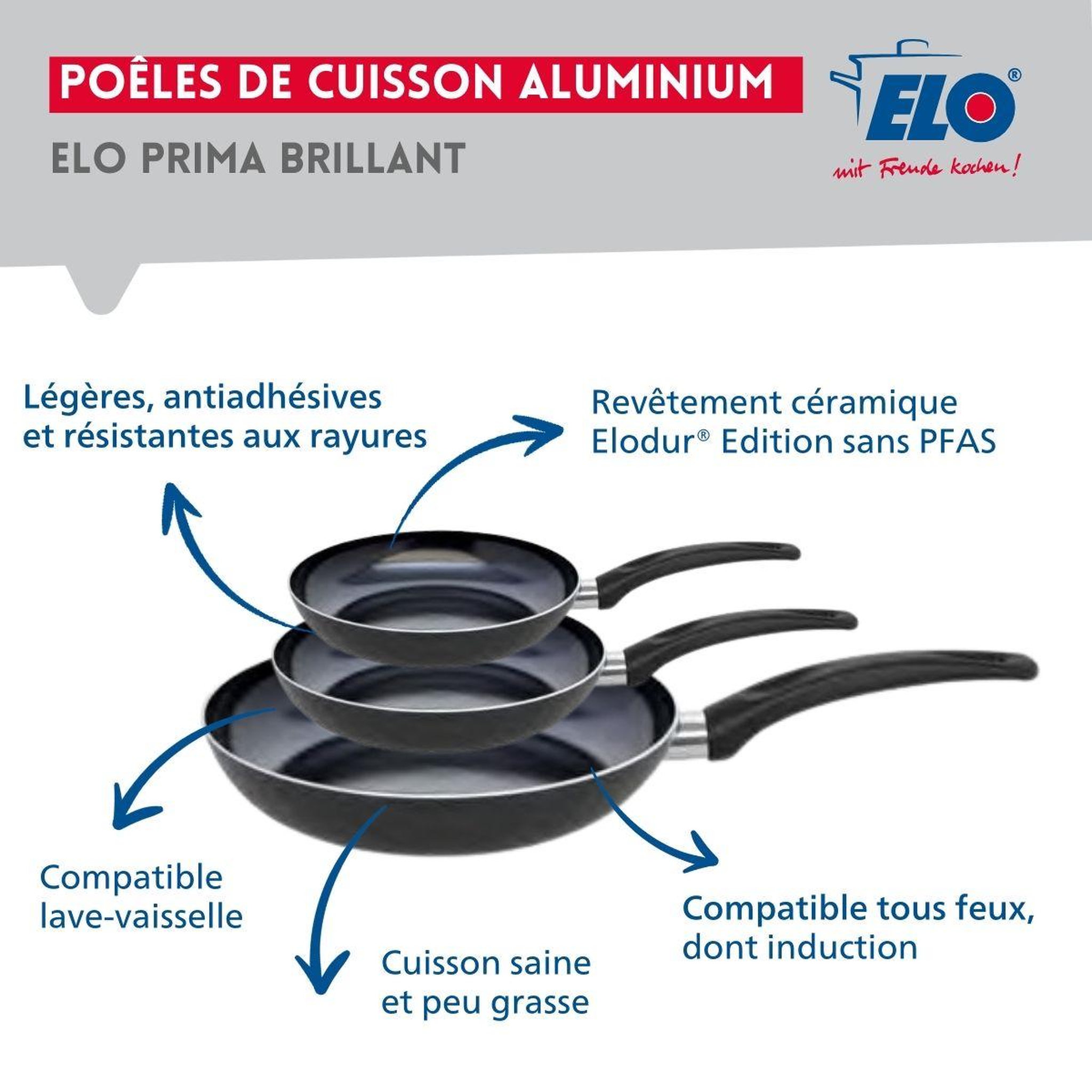 Voir la diapositive 4 : ELO Ensemble de 3 poêles de cuisson 20, 24 et 32 cm et 1 faitout 14 cm elo prima brillant