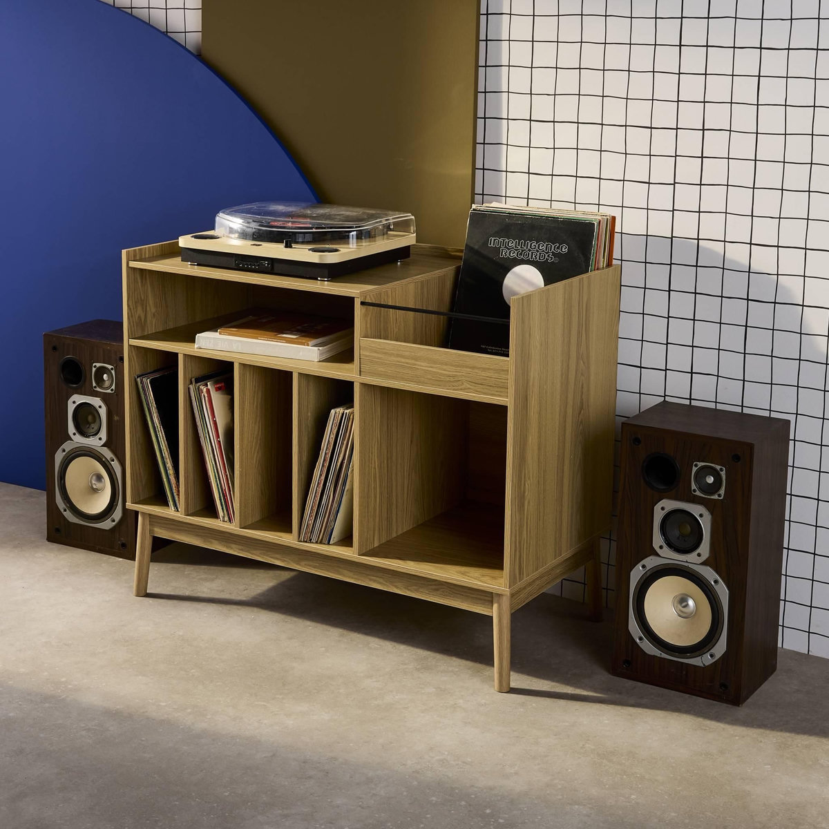 SWEEEK Meuble vinyle vintage décor bois. Dune. L 100 x l 48 x H 81.5cm