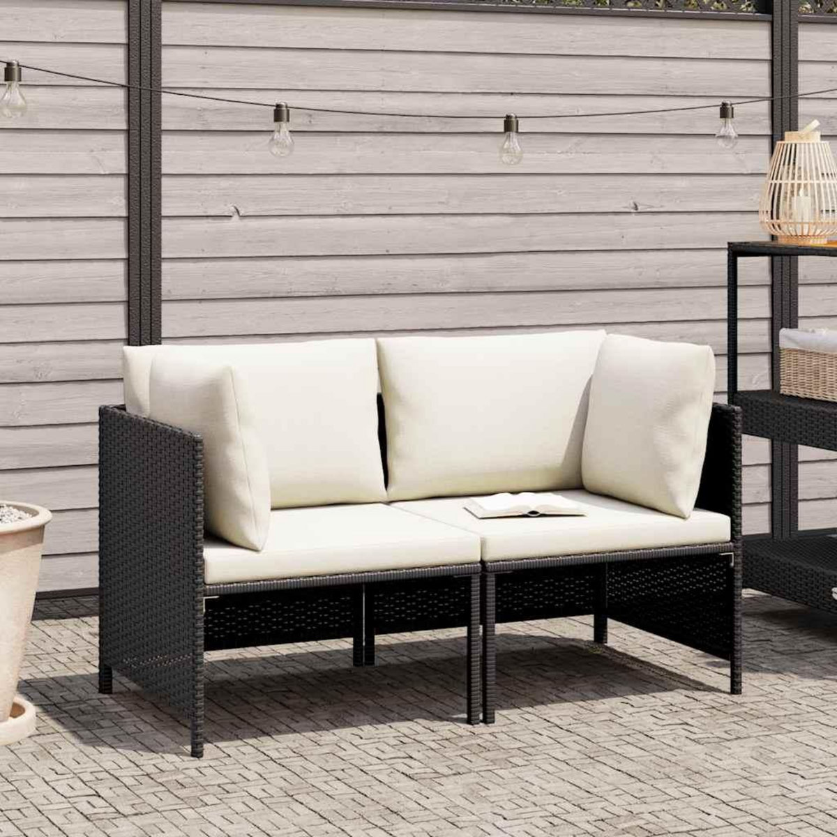 VIDAXL Canape de jardin a 2 places avec coussins Noir Resine tressee