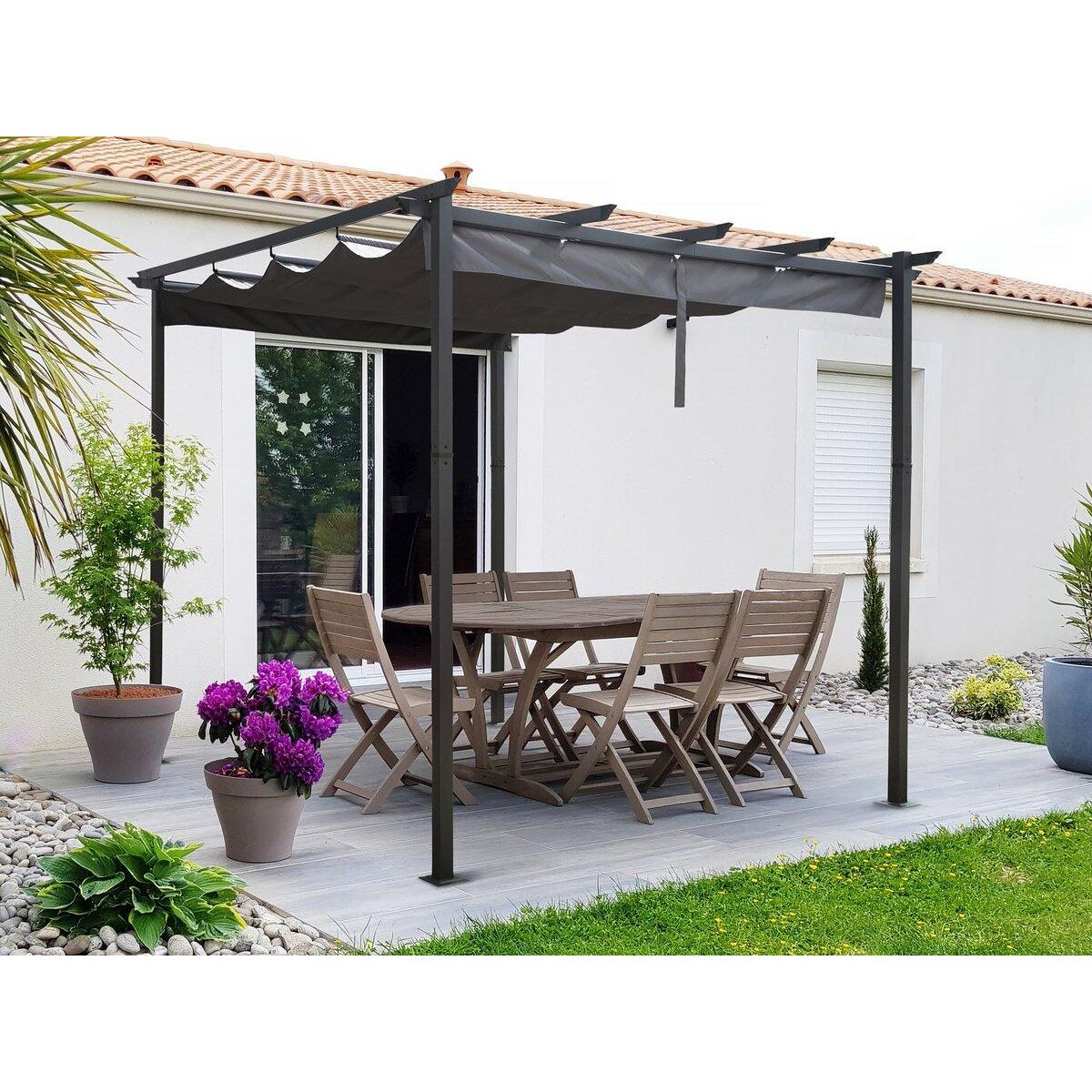 Habitat et Jardin Pergola en aluminium avec toit rétractable - 3 x 3 m - Gris