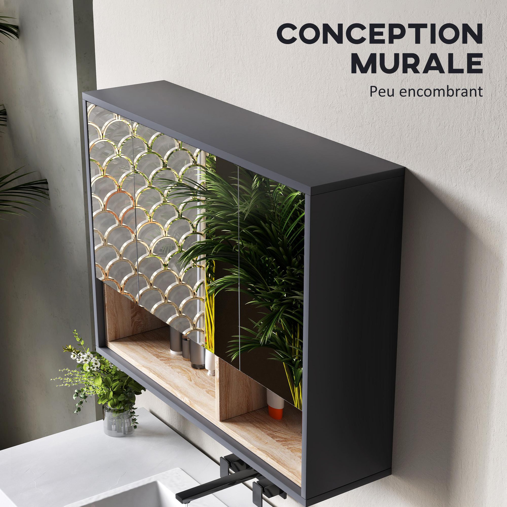 Voir la diapositive 5 : HOMCOM Armoire miroir de salle de bain - 3 portes, 3 étagères, 2 niches - dim. 80 x 20 x 60 cm - gris effet bois clair naturel