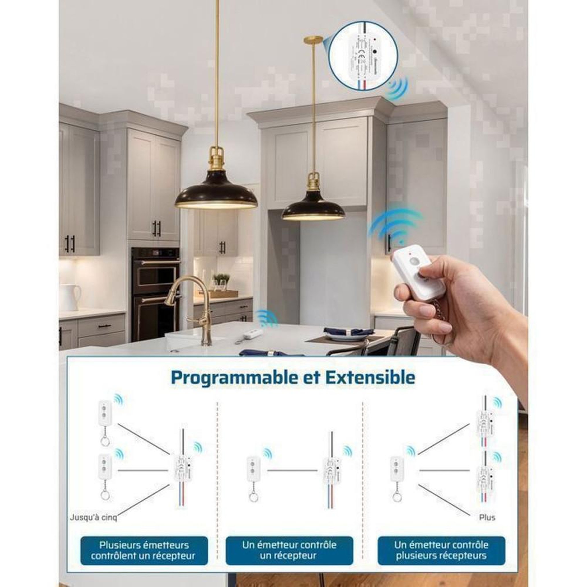 Voir la diapositive 4 : Kit interrupteur sans fil RF pour lampes 230 V 2300 W, 1 télécommande murale + 1 récepteur blanc, portée jusqu'à 30 m, fréquence 433,92 MHz