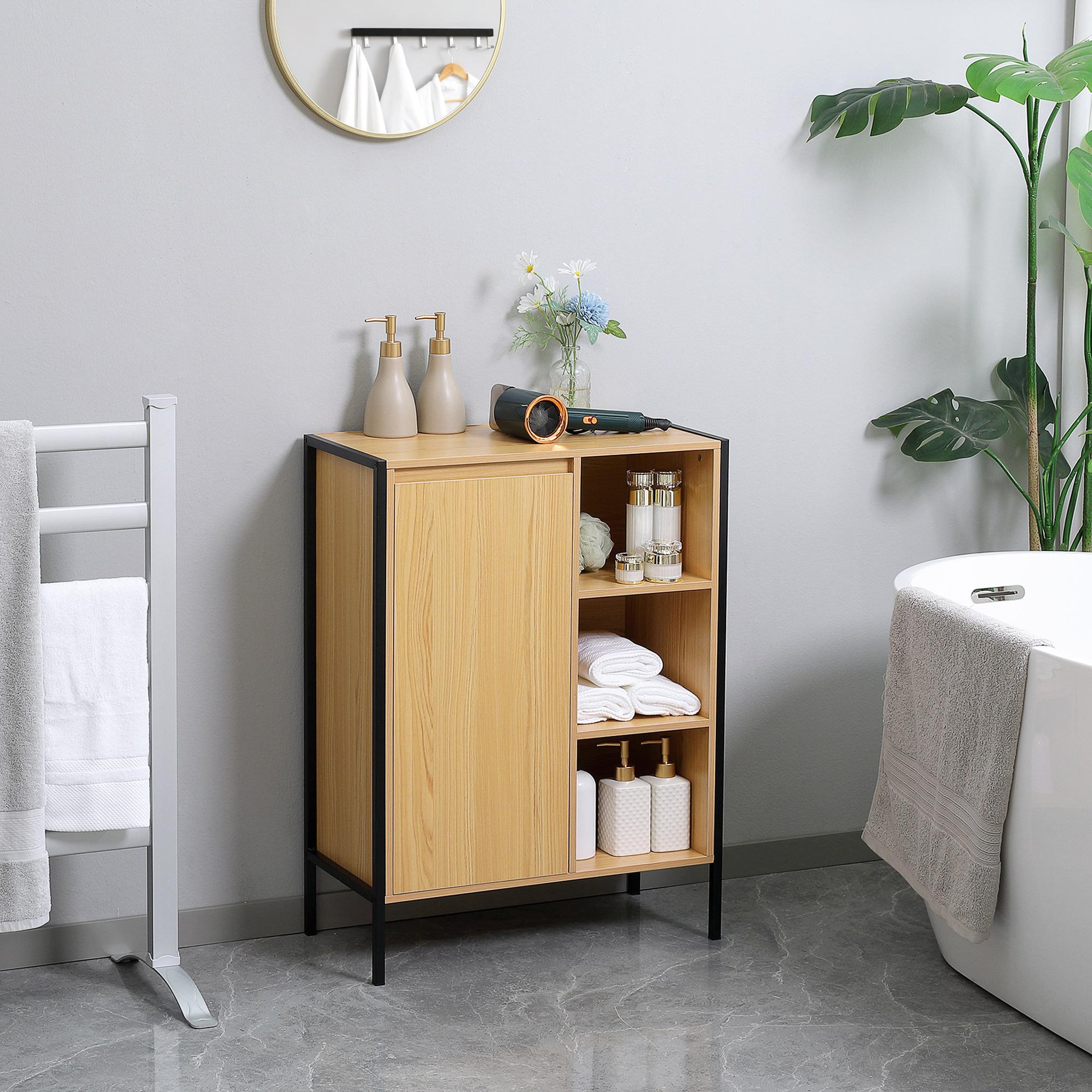 Voir la diapositive 2 : KLEANKIN Meuble salle de bain - porte, étagère, 3 niches - dim. 60L x 28l x 80H cm - châssis acier noir panneaux aspect bois clair