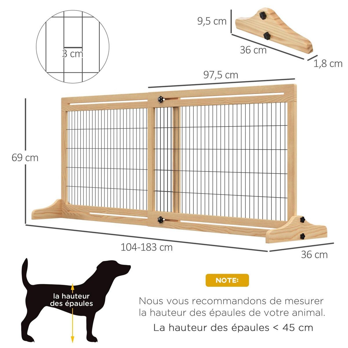 PAWHUT Barrière de sécurité chien barrière autoportante longueur réglable dim. 104-183L x 36l x 69H cm bois pin verni acier noir