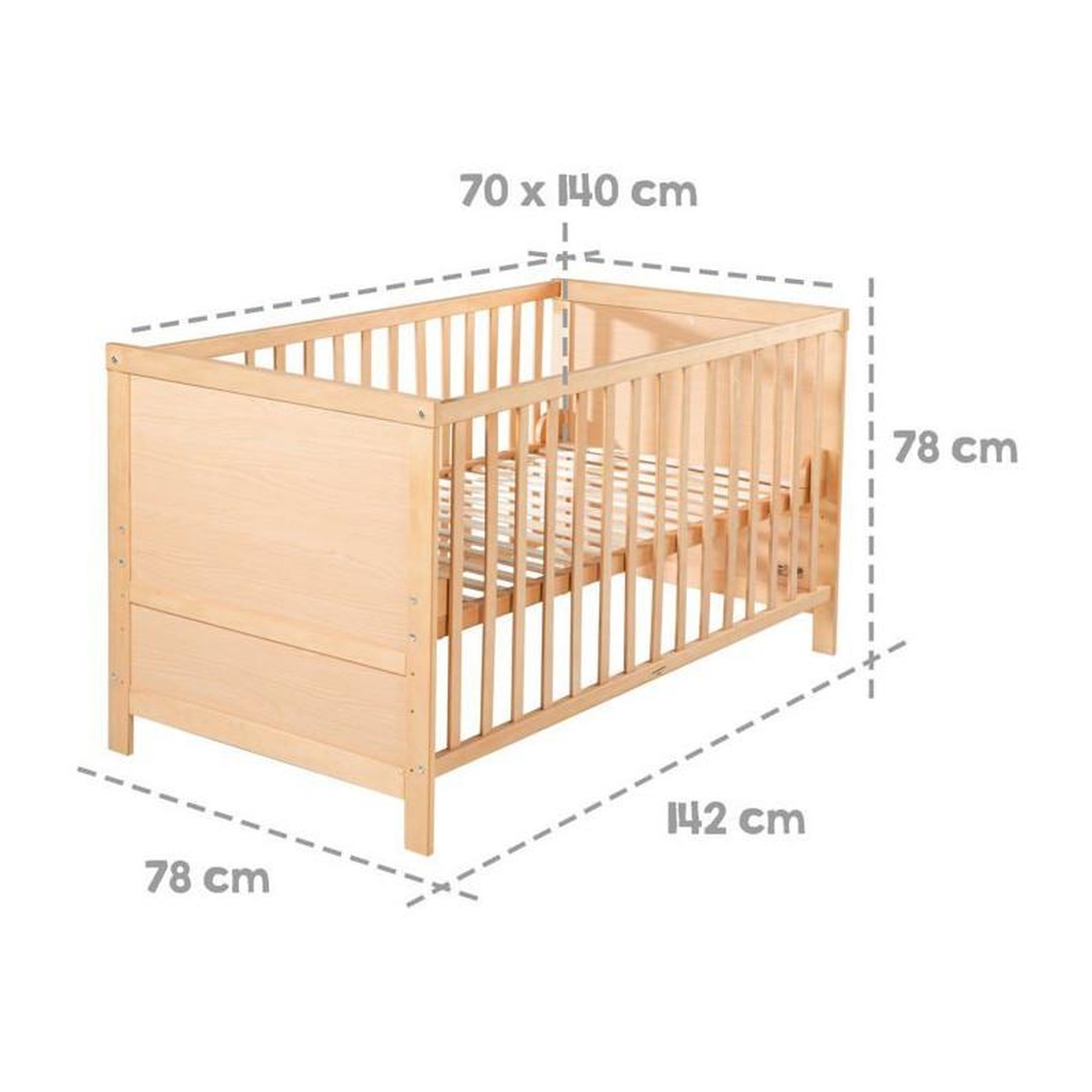 Voir la diapositive 4 : Roba Lit Bébé Évolutif 70x140 - ROBA - Réglable en Hauteur - 3 Barreaux Amovibles - Coins de Transformation Inclus - Bois Naturel